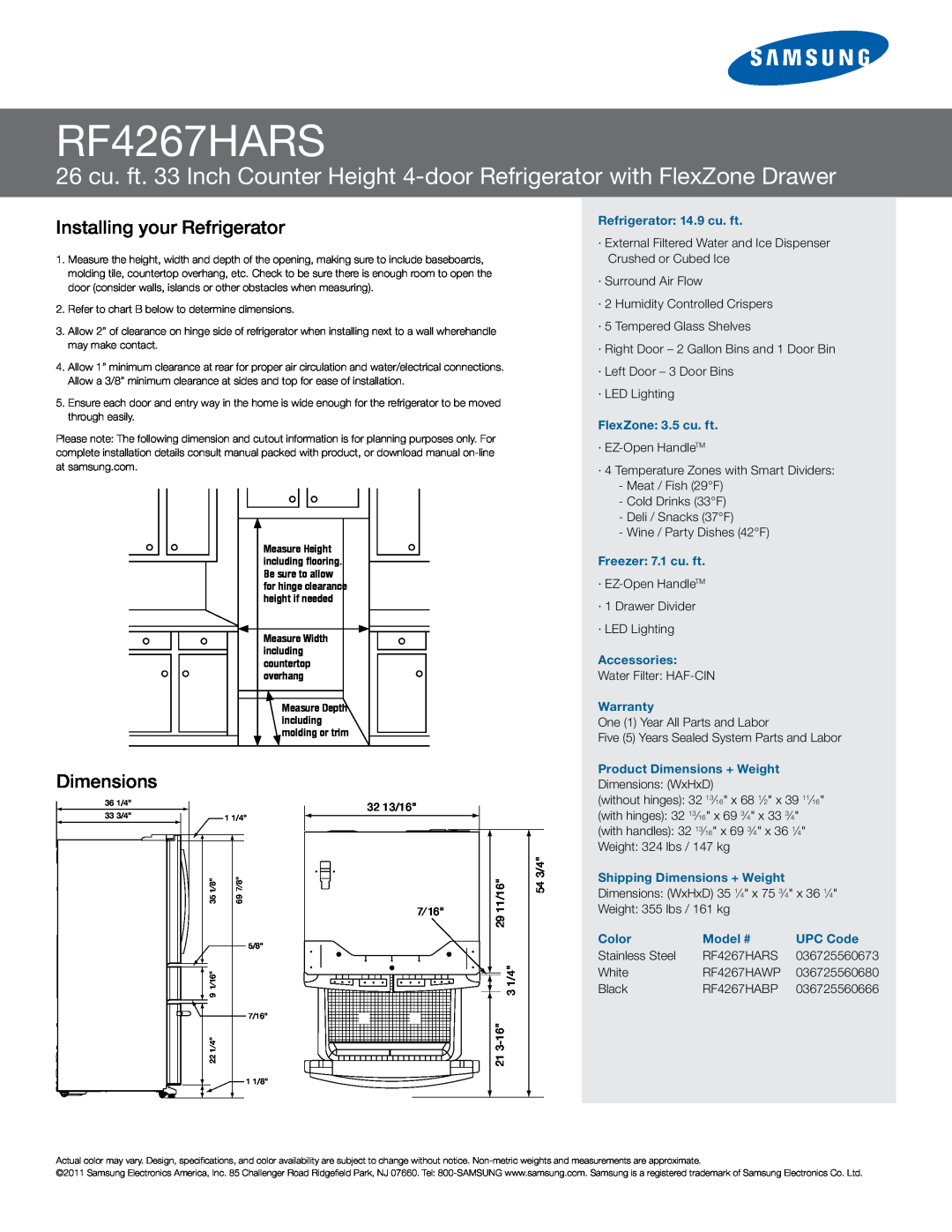 Samsung RF4267HARS manual Installing your Refrigerator, Dimensions 