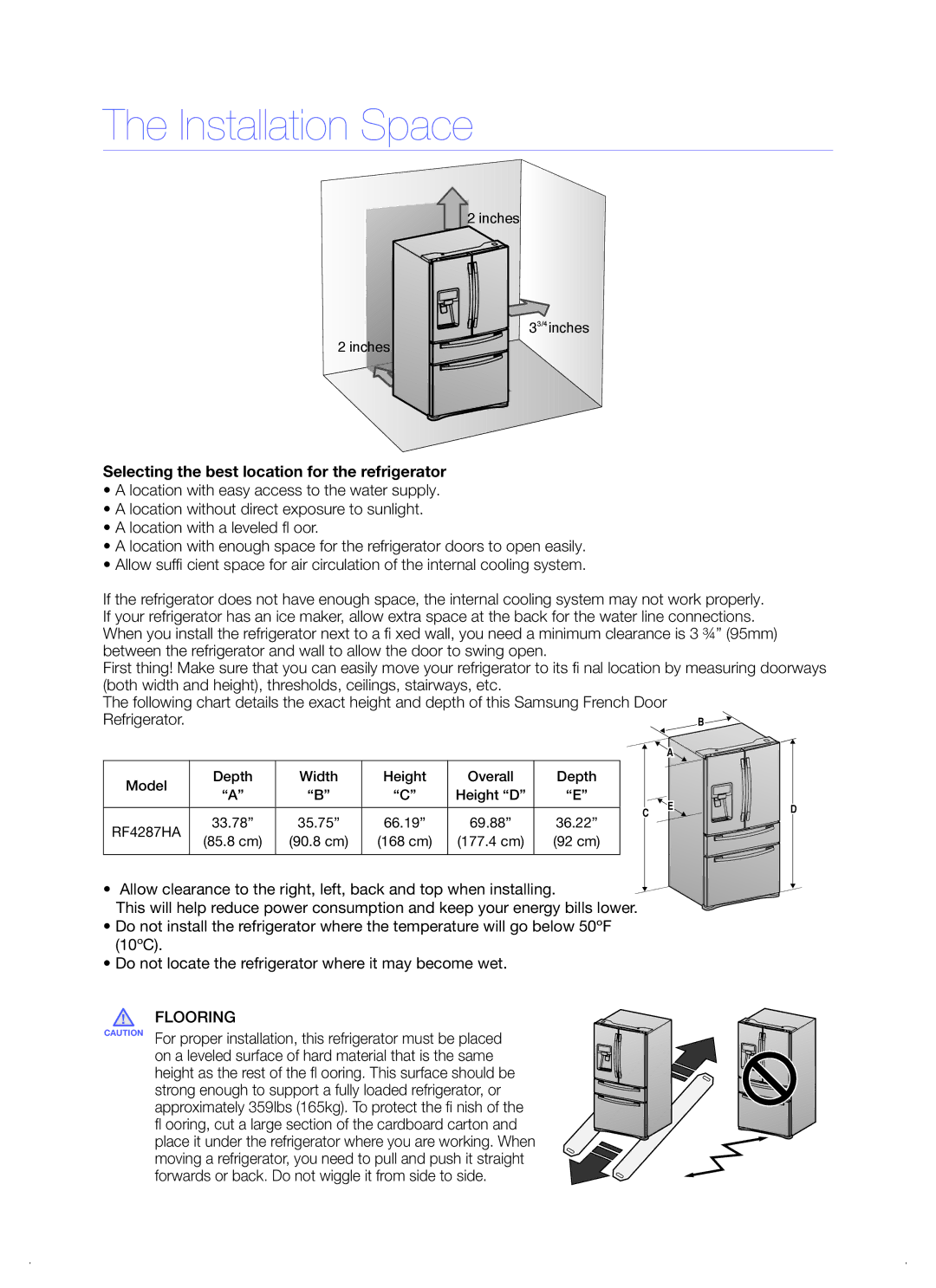 Samsung RF4287 quick start Installation Space, Selecting the best location for the refrigerator 