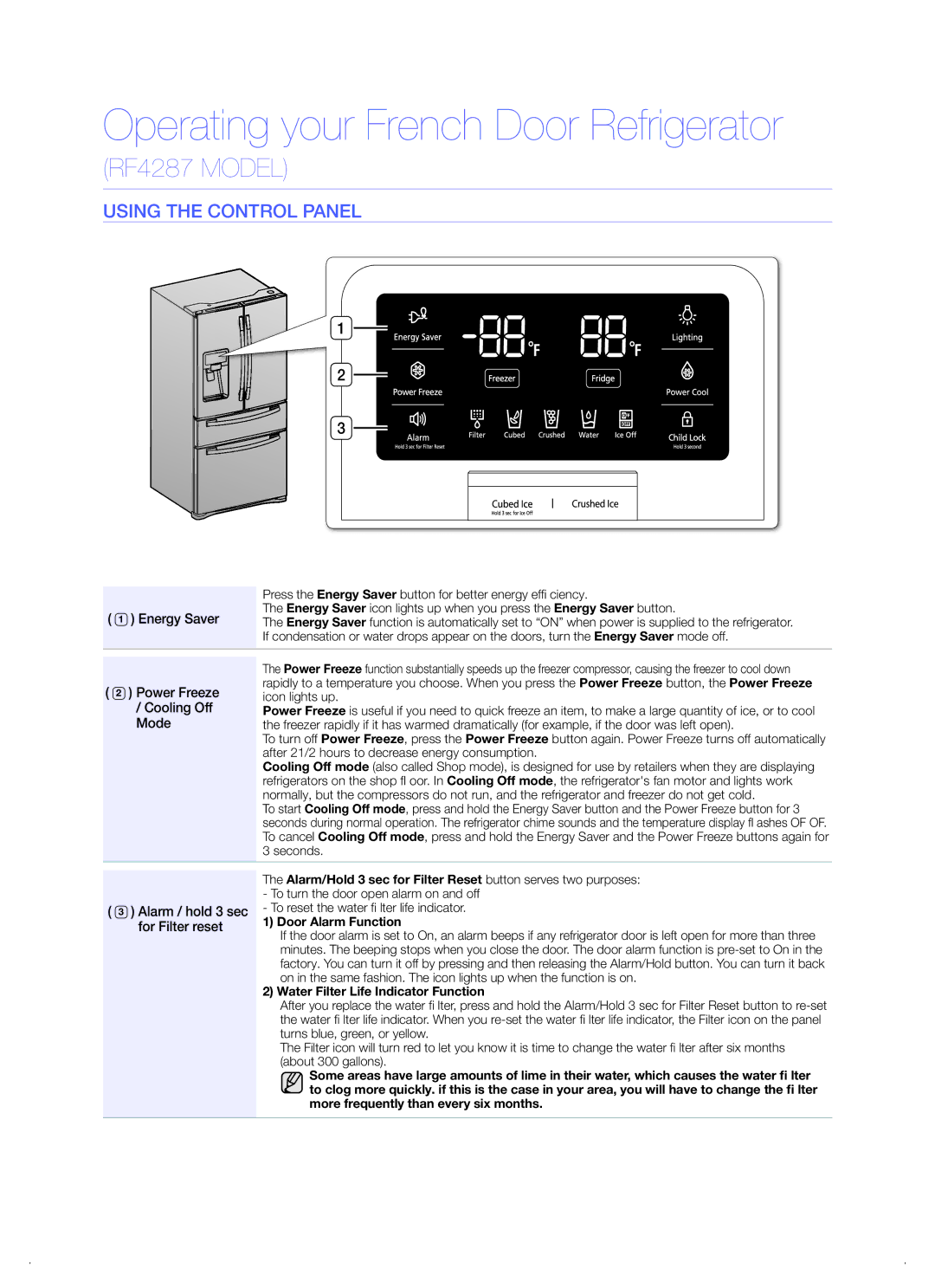 Samsung RF4287 quick start Operating your French Door Refrigerator, Using the Control Panel 