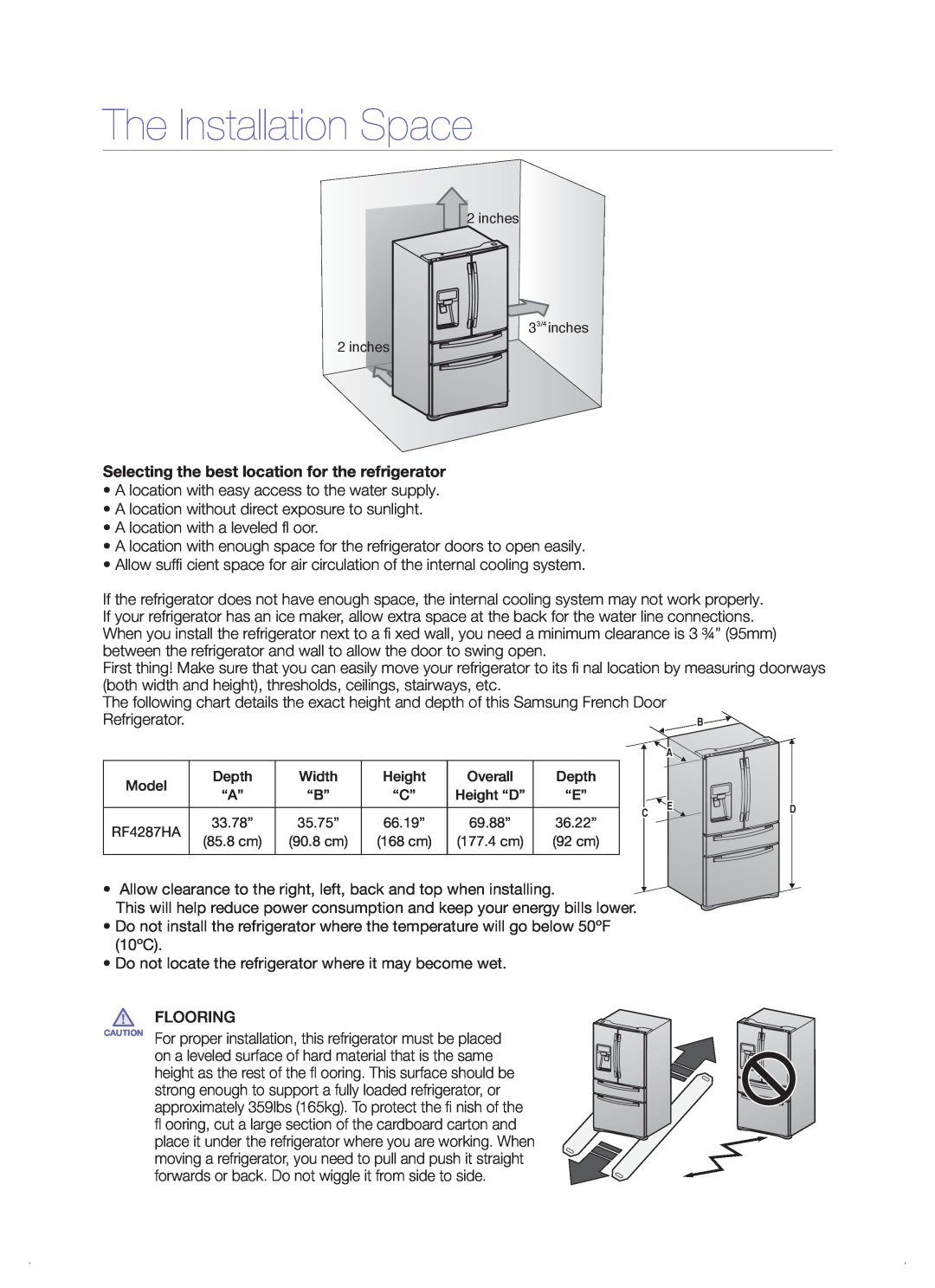 Samsung RF4287 quick start The Installation Space, Selecting the best location for the refrigerator 