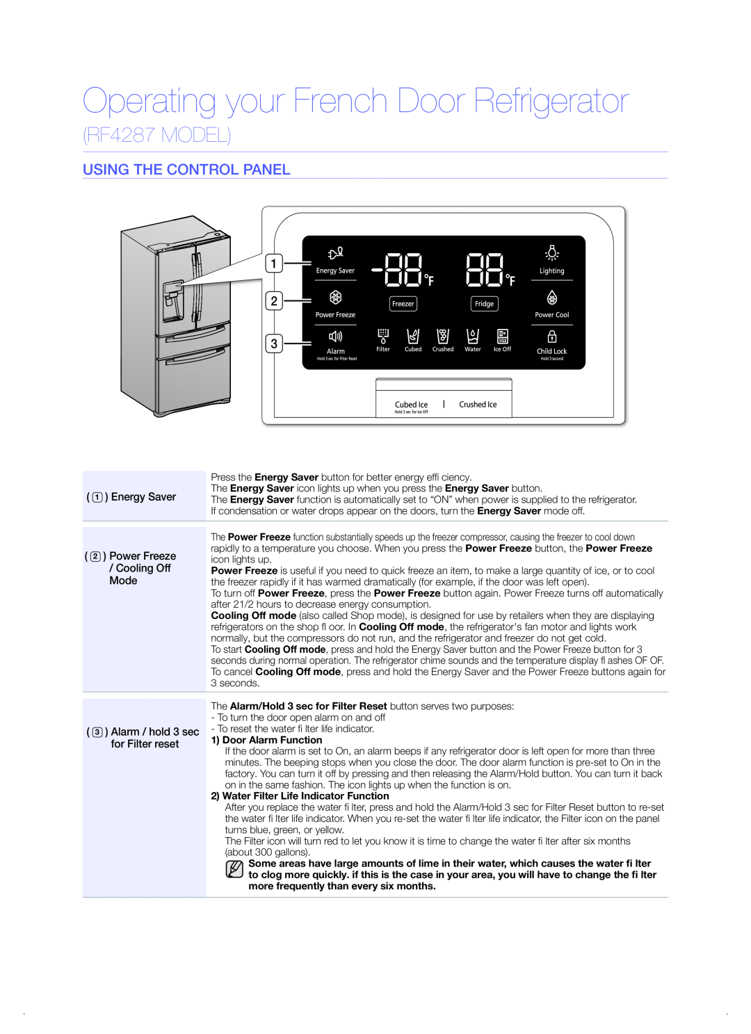 Samsung quick start Operating your French Door Refrigerator, RF4287 MODEL, Using The Control Panel 