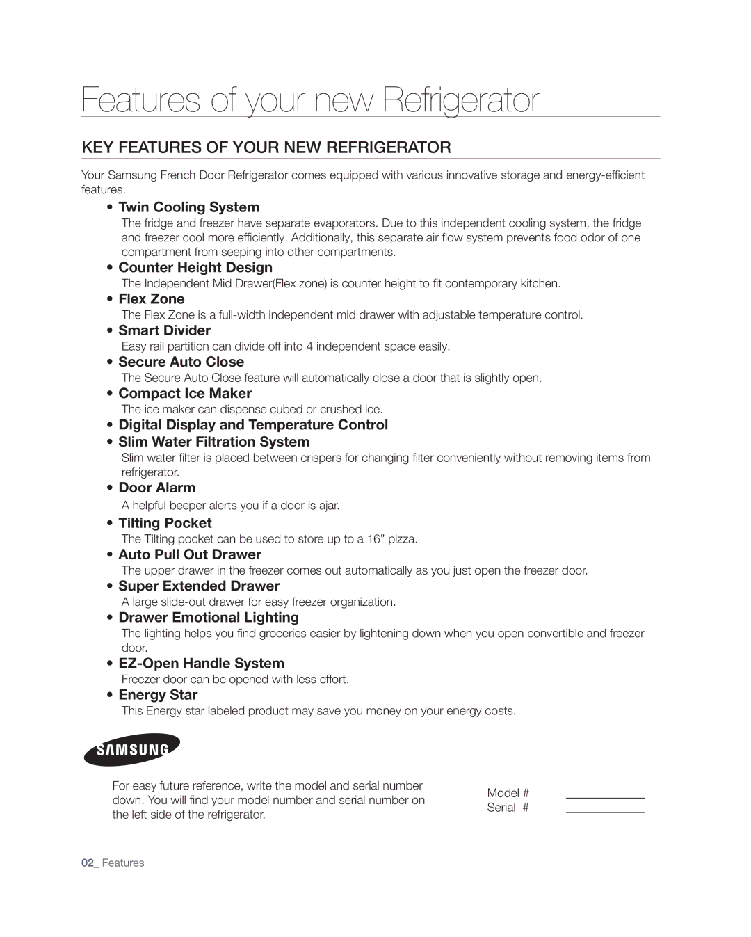 Samsung RF4287HA user manual Features of your new Refrigerator, Key features of your new refrigerator 