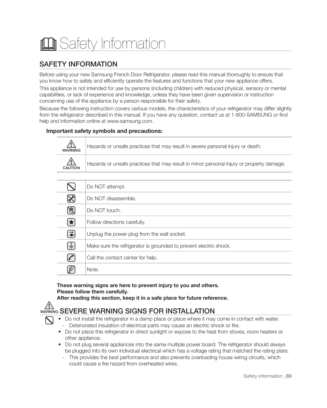 Samsung RF4287HA user manual Safety Information, Important safety symbols and precautions 