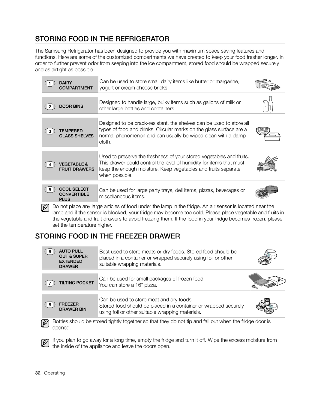 Samsung RF4287HA user manual Storing food in the refrigerator, Storing food in the freezer drawer 