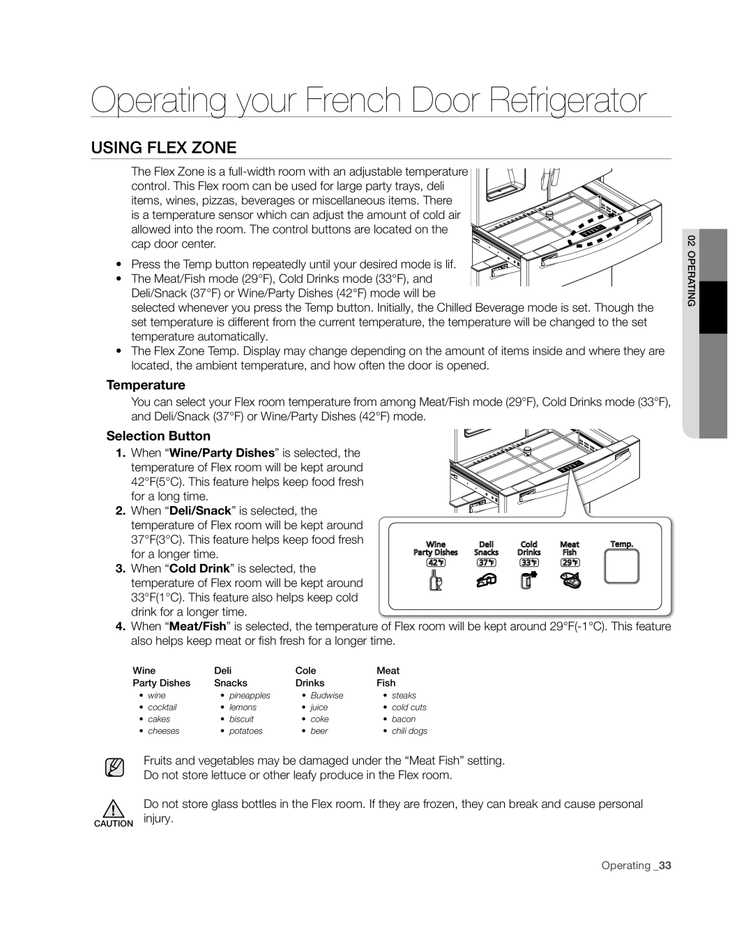 Samsung RF4287HA user manual Using Flex Zone, Temperature, Selection Button 