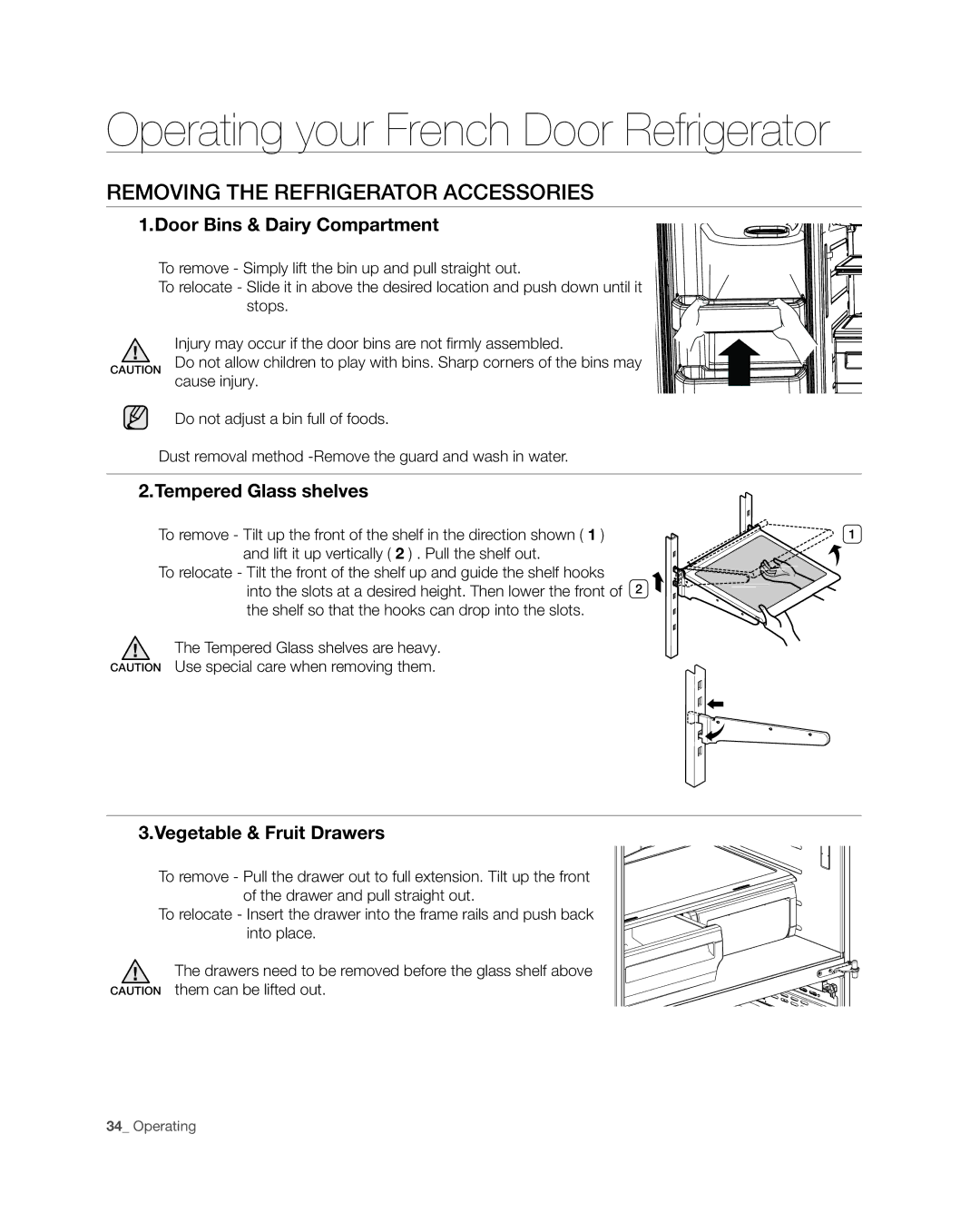 Samsung RF4287HA user manual Removing the refrigerator accessories, Door Bins & Dairy Compartment 