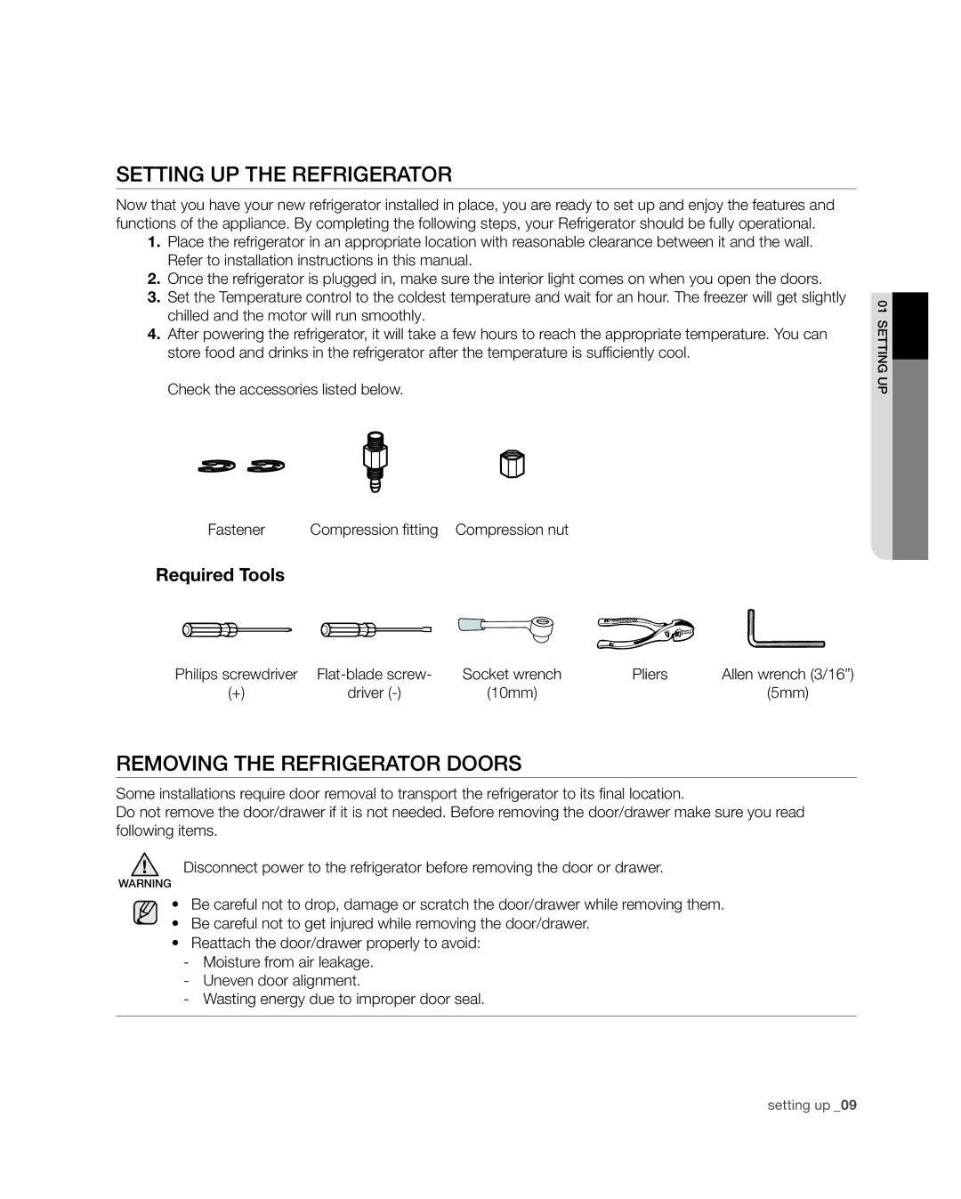 Samsung RF4287HA user manual Setting up the refrigerator, Removing the refrigerator doors 