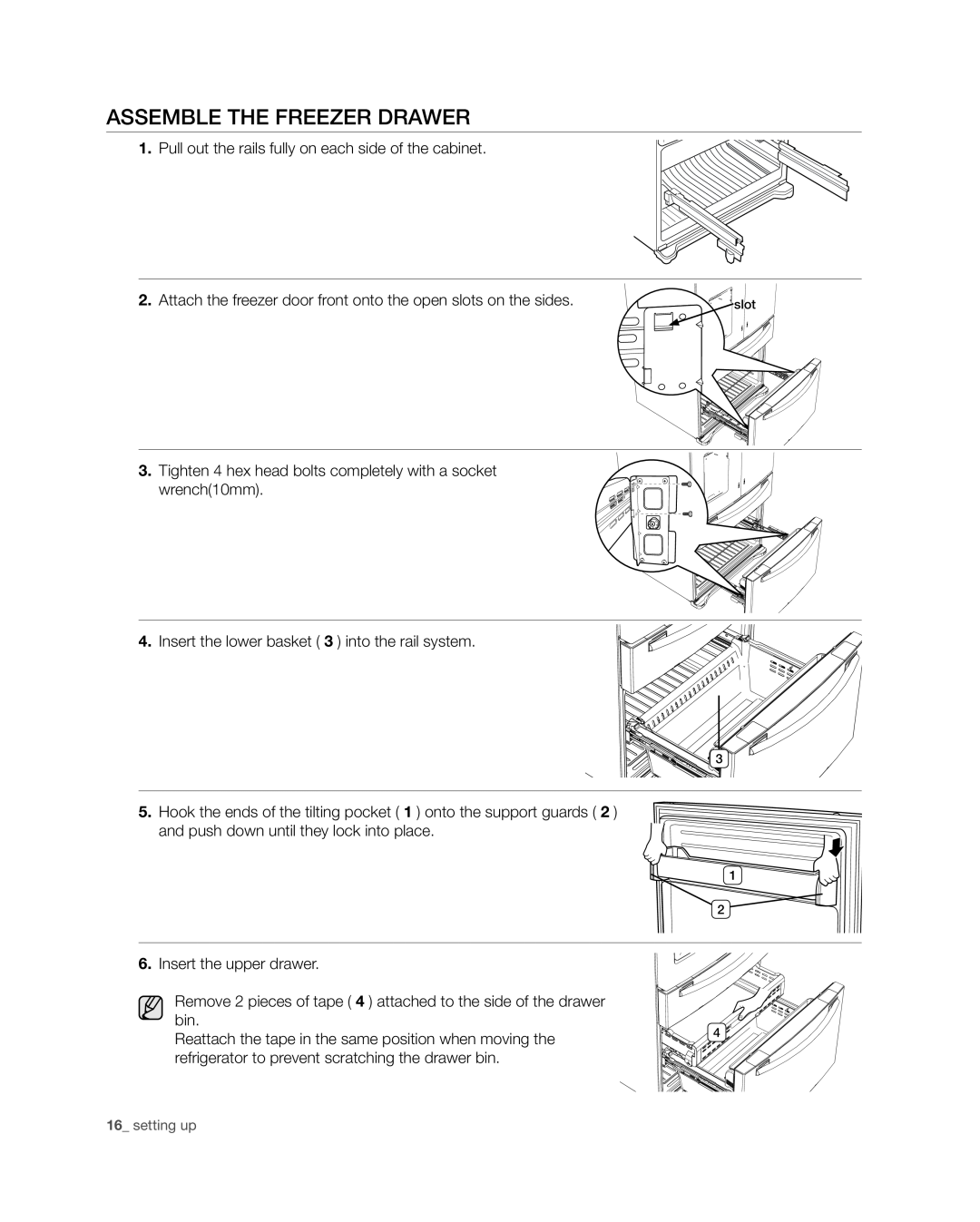 Samsung RF4287HA user manual assemble the freezer drawer, setting up 