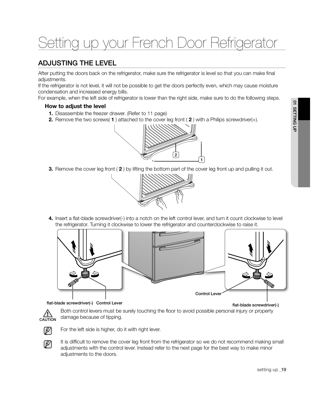 Samsung RF4287HA user manual Adjusting the Level, Setting up your French Door Refrigerator, How to adjust the level 