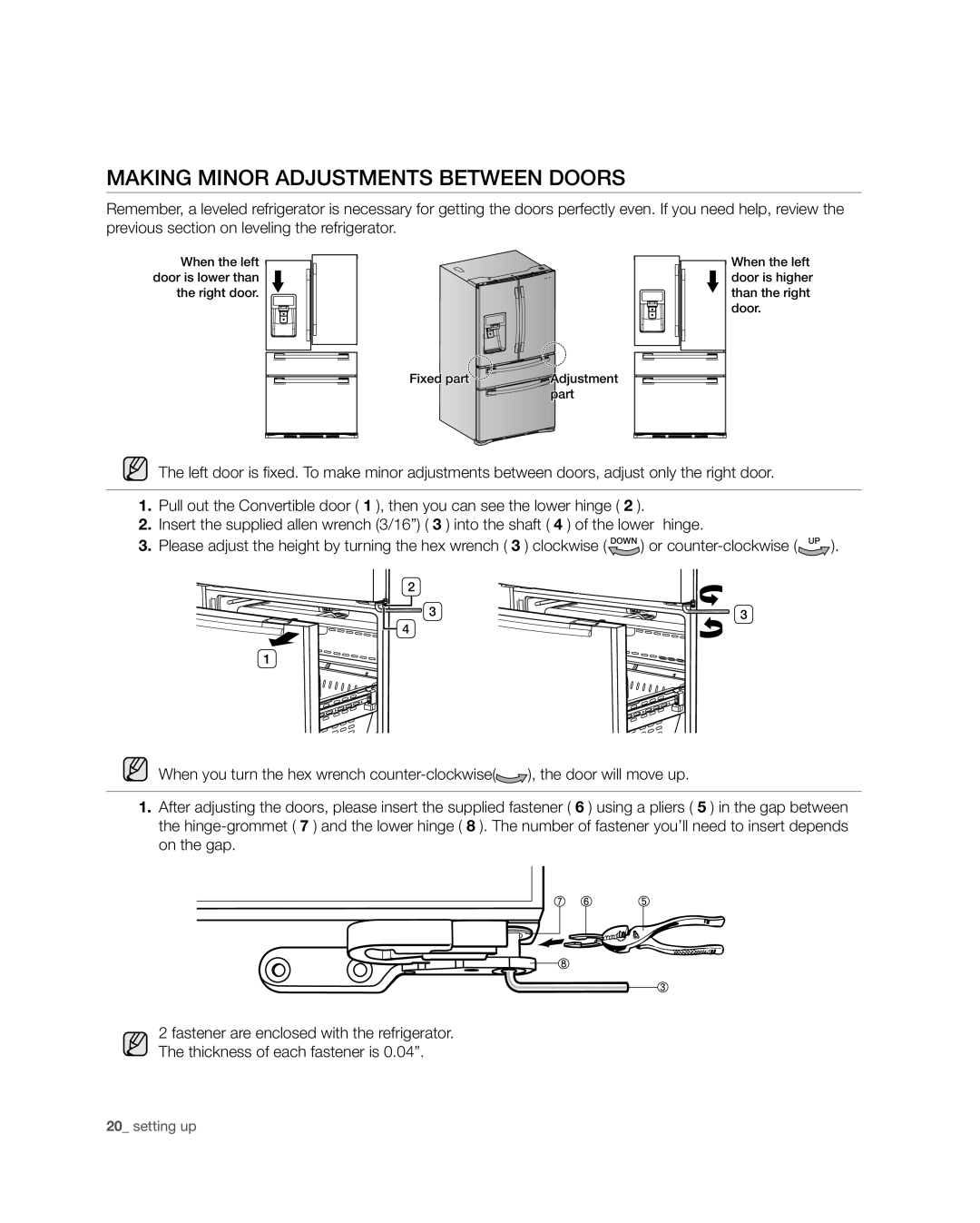 Samsung RF4287HA user manual Making minor adjustments between doors 