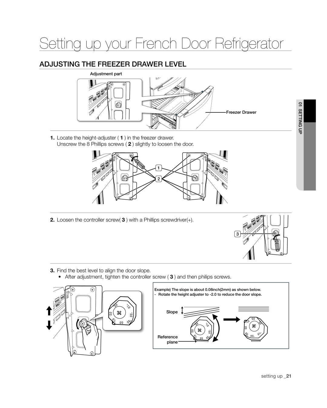 Samsung RF4287HA user manual Adjusting the freezer drawer level, Setting up your French Door Refrigerator, setting up 