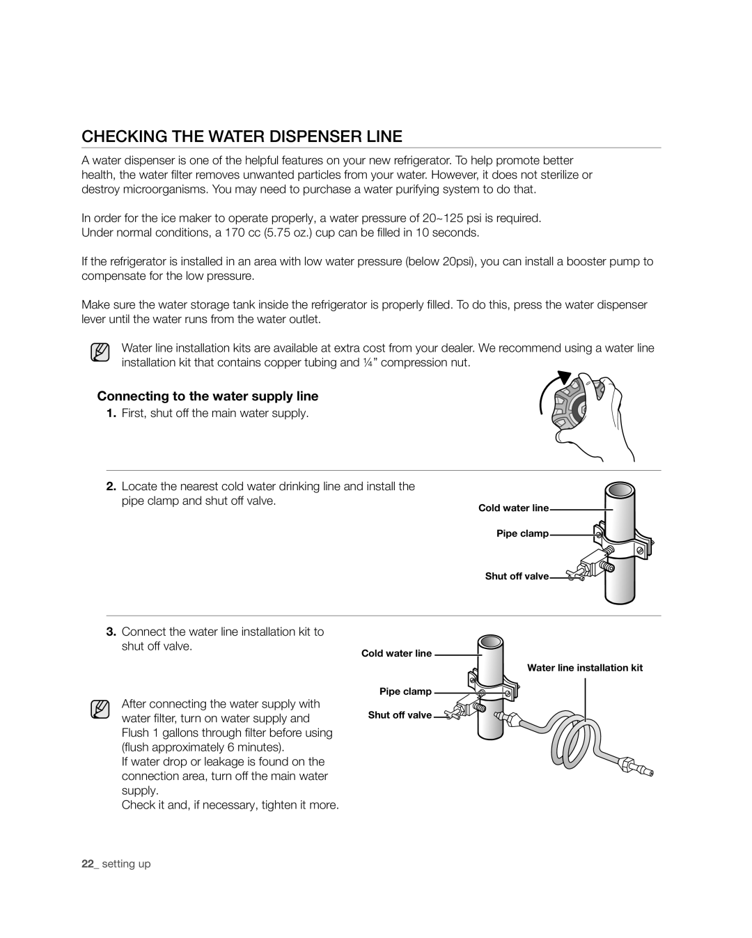Samsung RF4287HA user manual Checking the water dispenser line, Connecting to the water supply line 