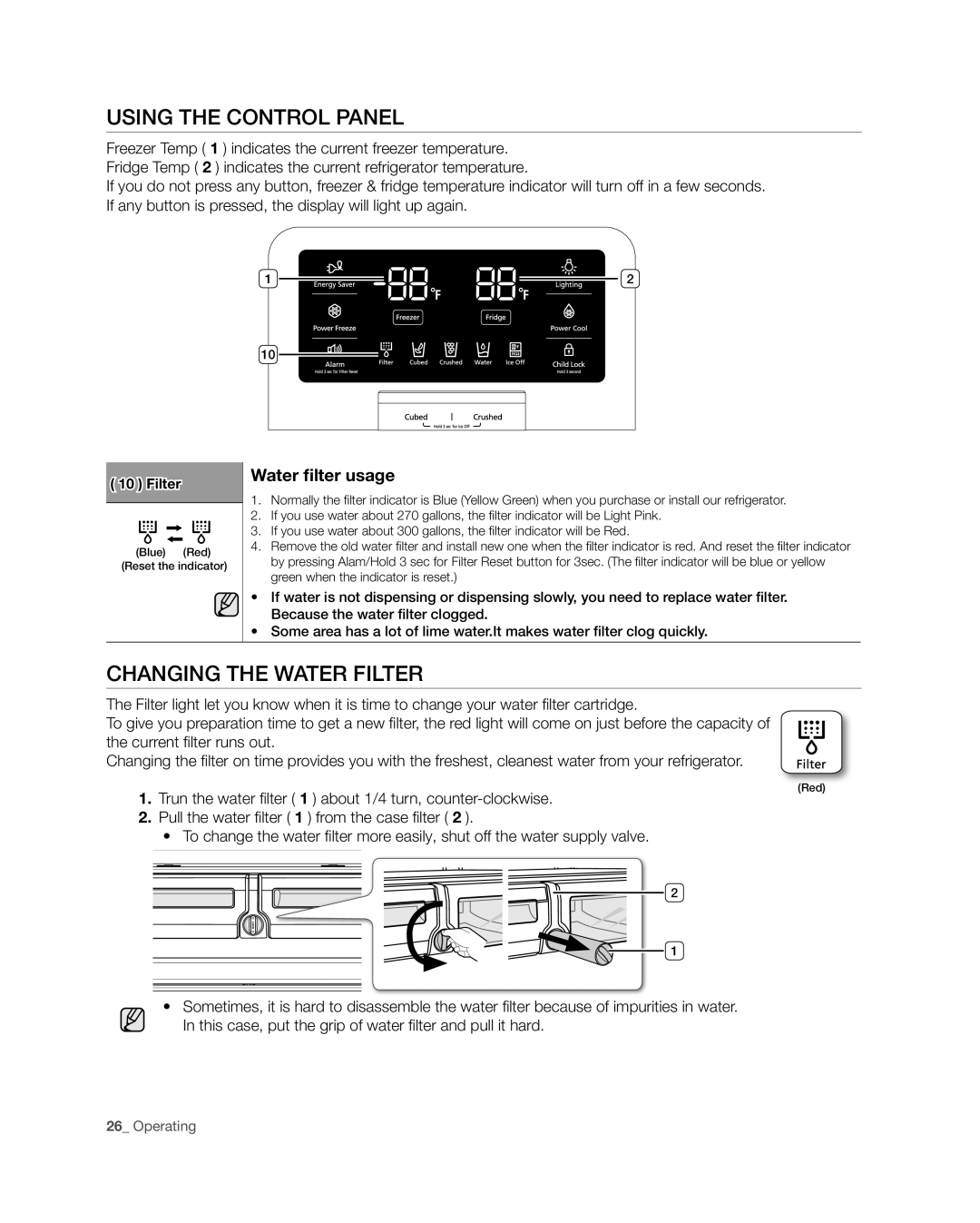 Samsung RF4287HA user manual Changing the water filter, Using the control panel, Water filter usage 