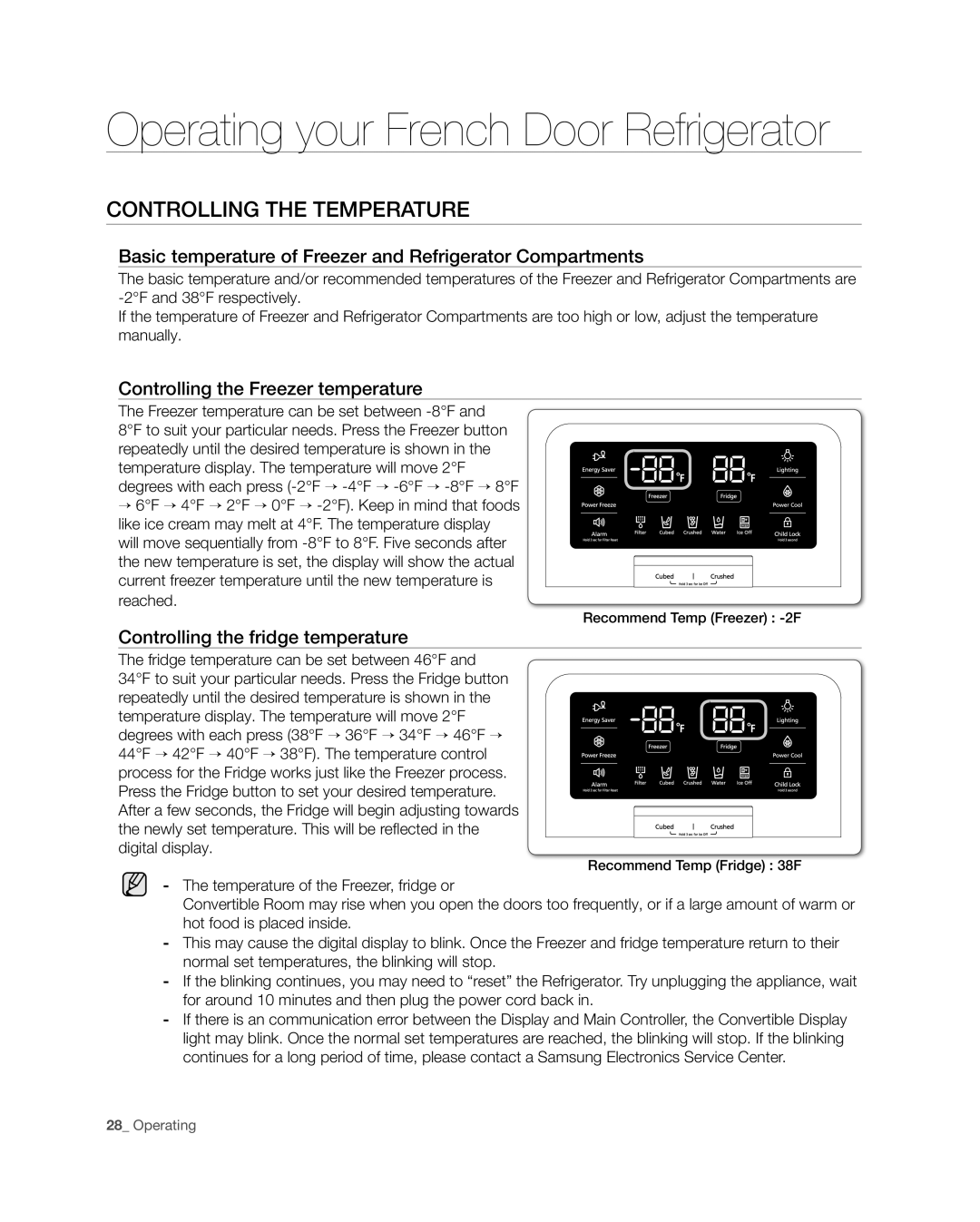 Samsung RF4287HA user manual controlling the temperature, Basic temperature of Freezer and Refrigerator Compartments 