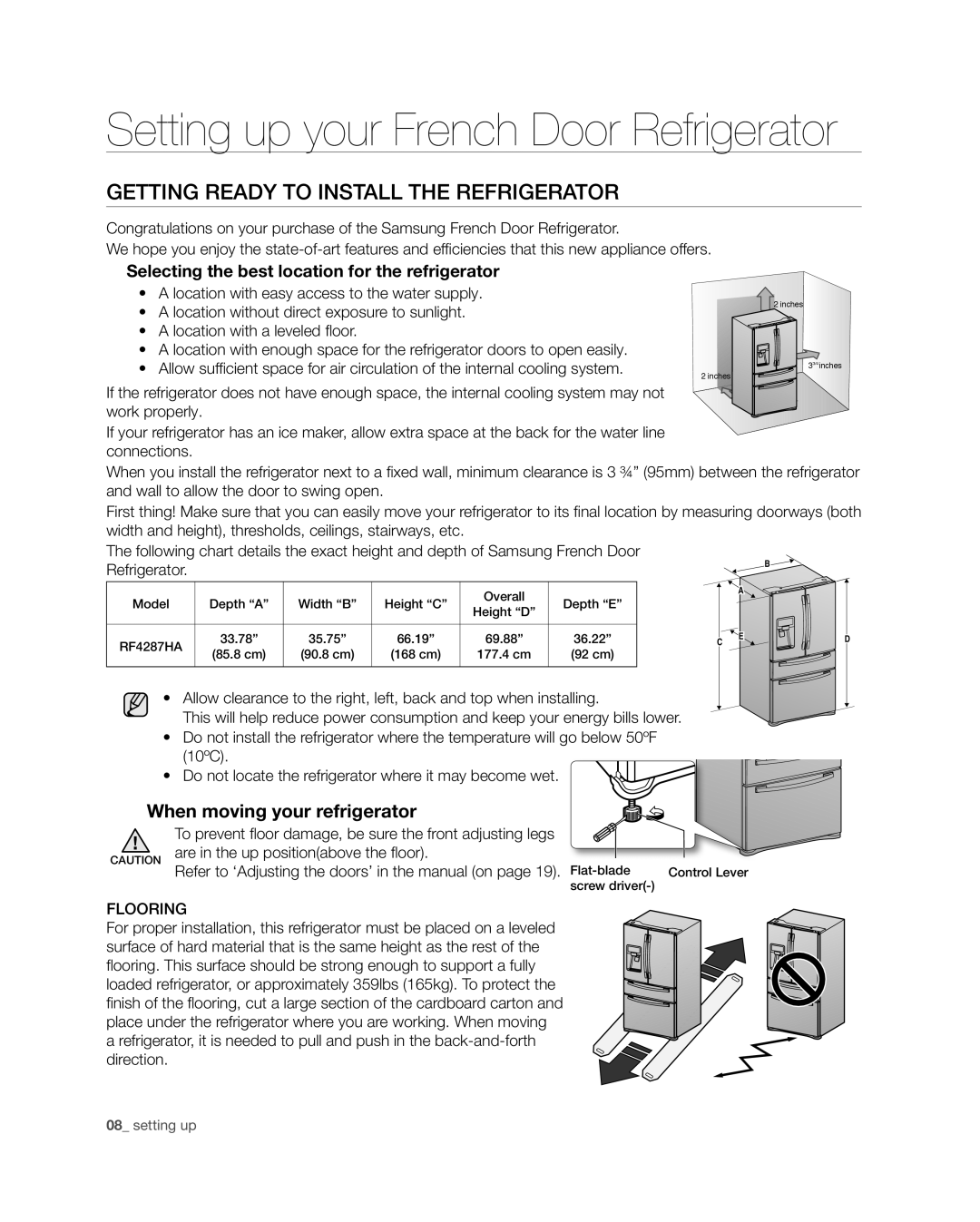 Samsung RF4287HA user manual When moving your refrigerator, Selecting the best location for the refrigerator, Refrigerator 