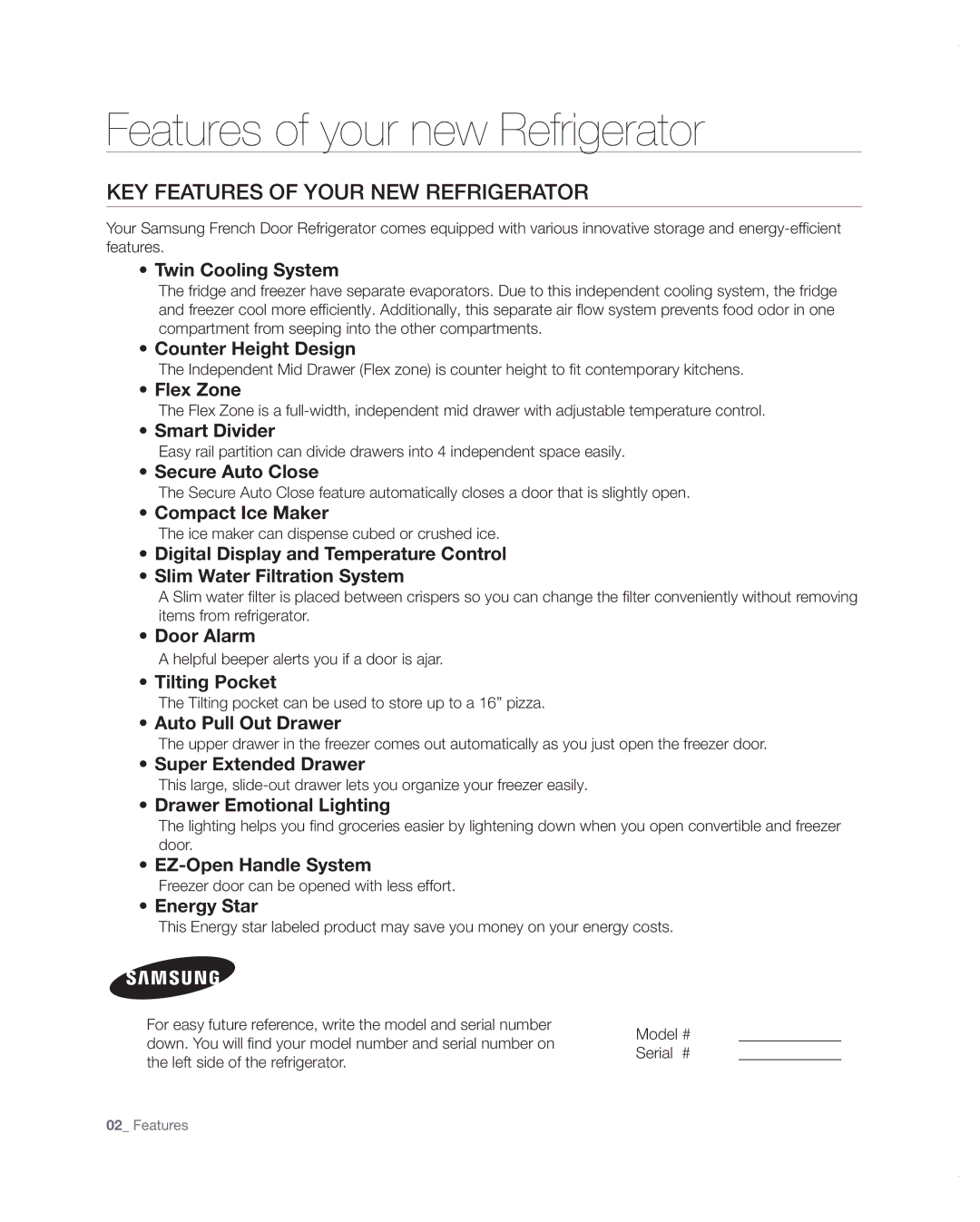 Samsung RF4287HARS user manual Features of your new Refrigerator, Key features of your new refrigerator 