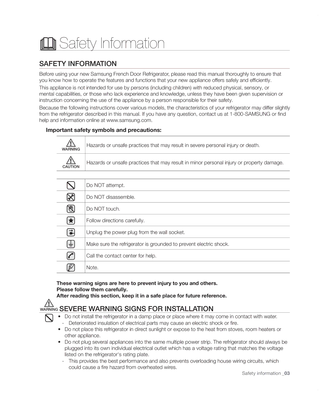 Samsung RF4287HARS user manual Safety Information, Important safety symbols and precautions 