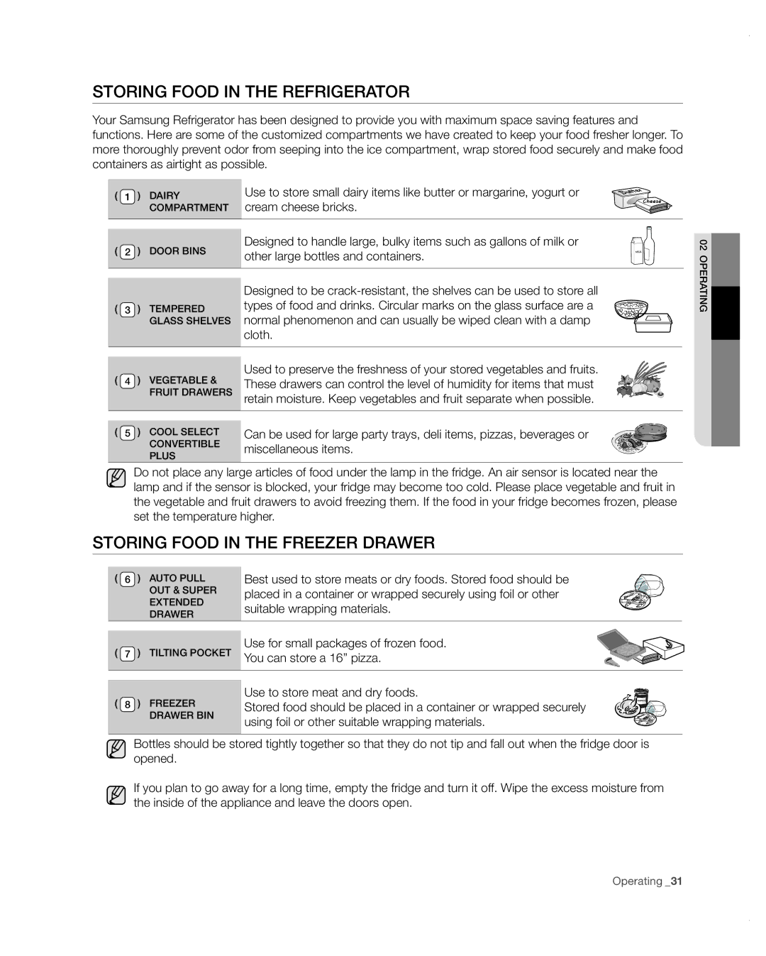 Samsung RF4287HARS user manual Storing food in the refrigerator, Storing food in the freezer drawer 