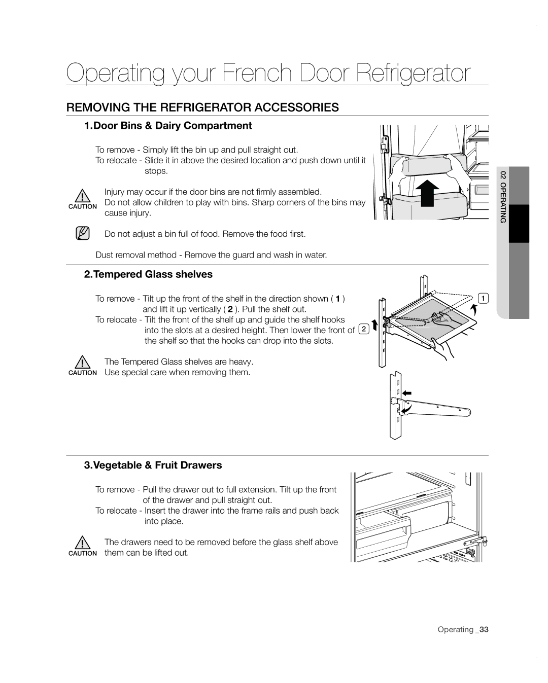 Samsung RF4287HARS user manual Removing the refrigerator accessories, Door Bins & Dairy Compartment, Tempered Glass shelves 