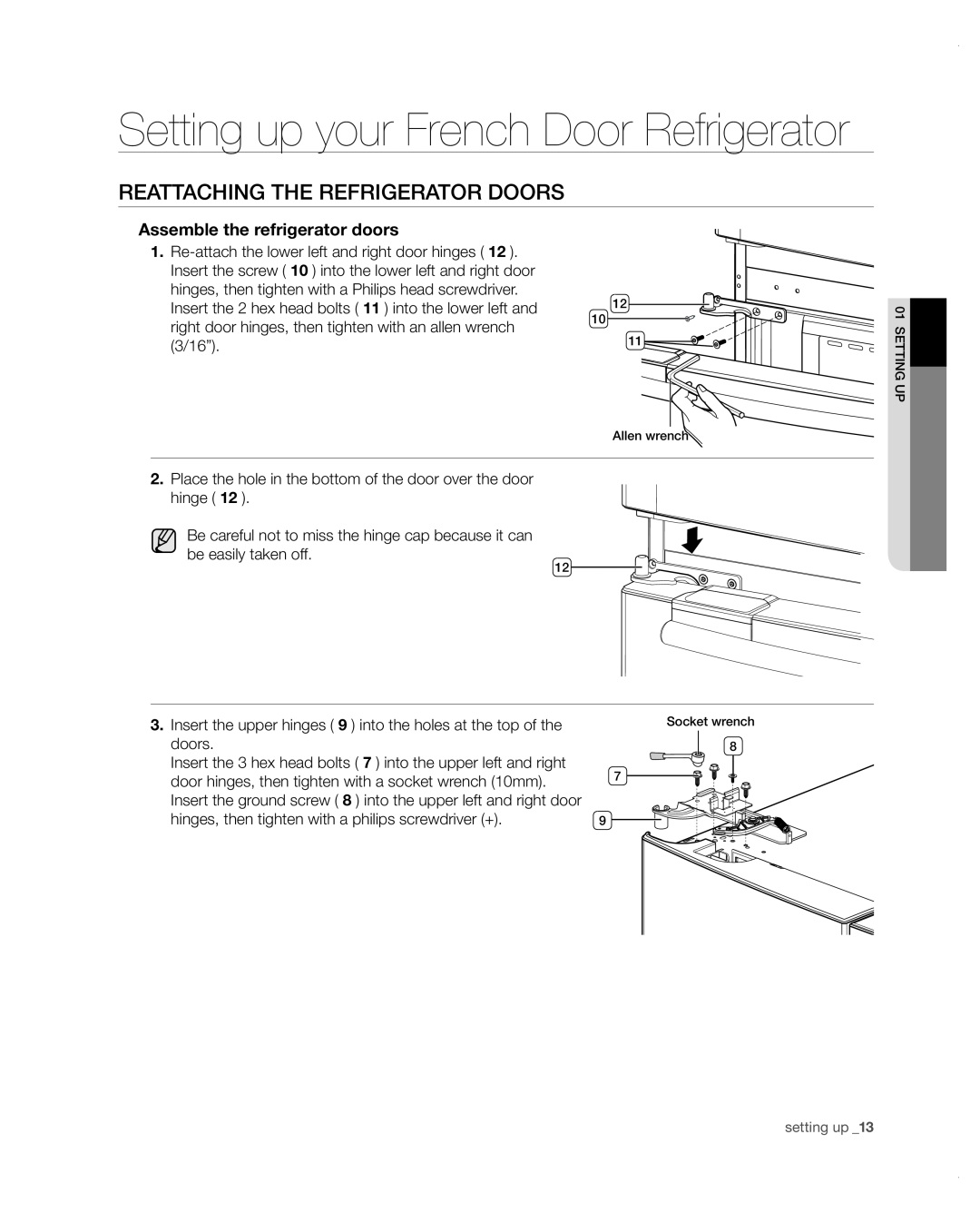 Samsung RF4287HARS user manual Reattaching the refrigerator doors, Setting up your French Door Refrigerator 