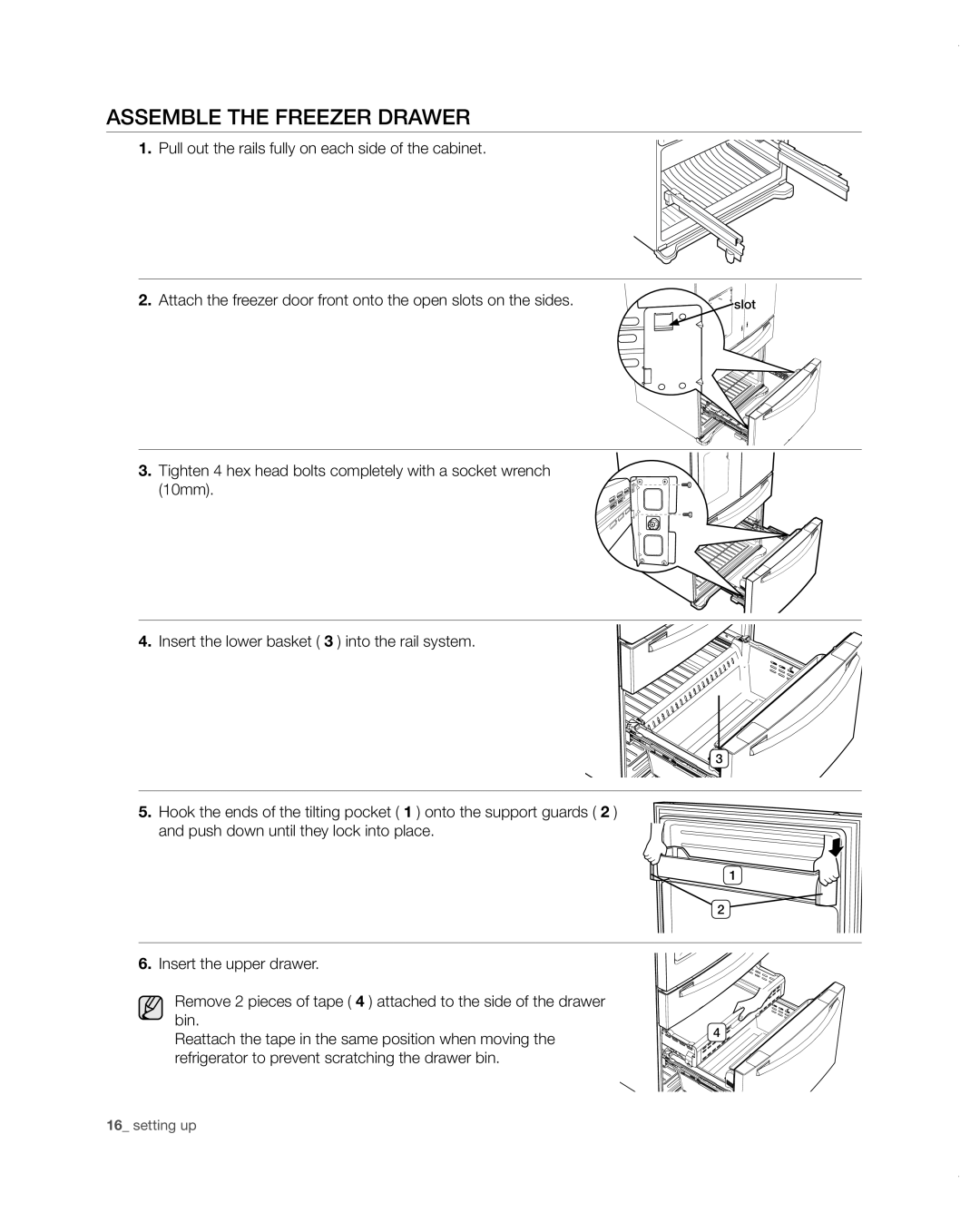Samsung RF4287HARS user manual Assemble the freezer drawer, setting up 