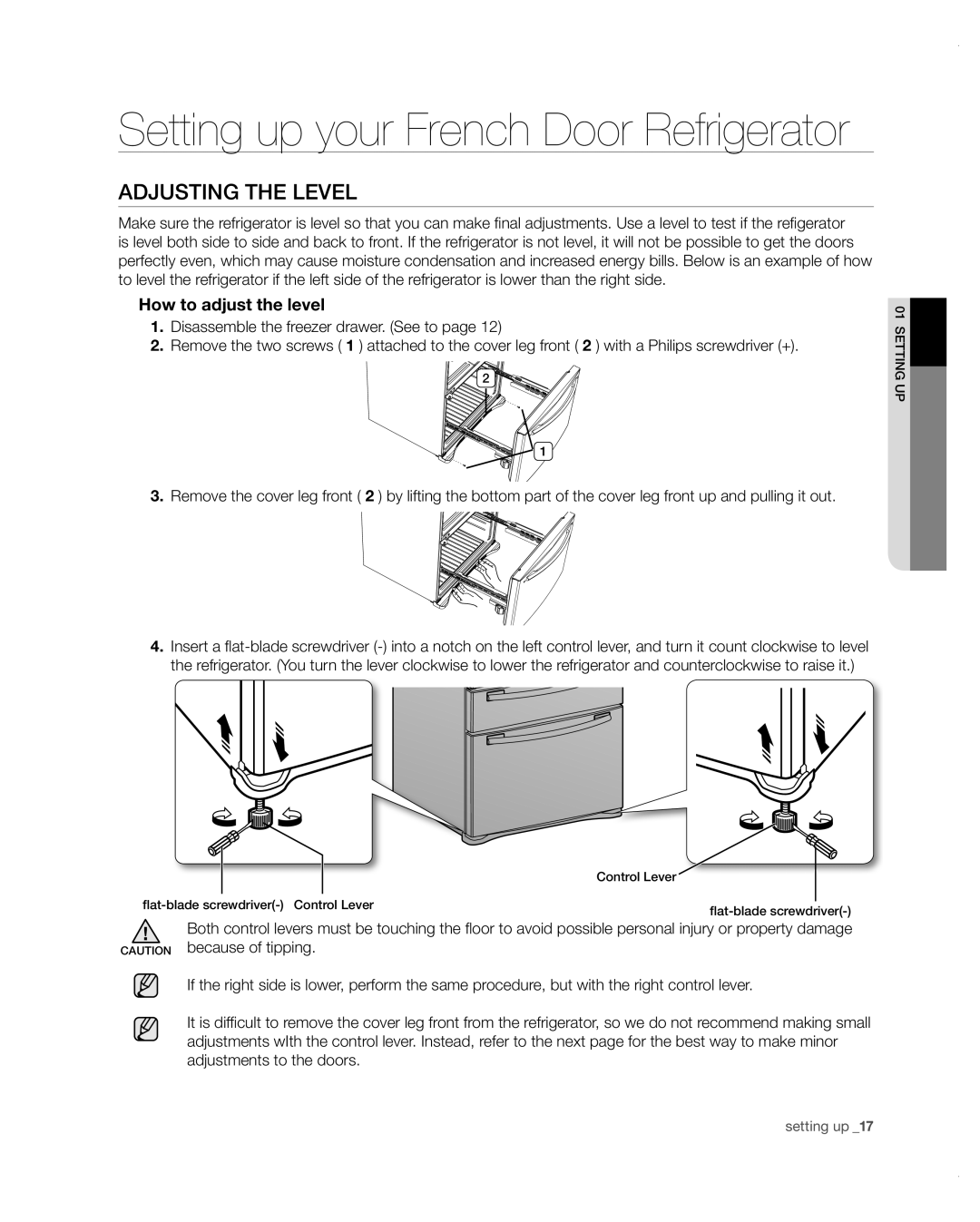Samsung RF4287HARS user manual Adjusting the Level, Setting up your French Door Refrigerator, How to adjust the level 