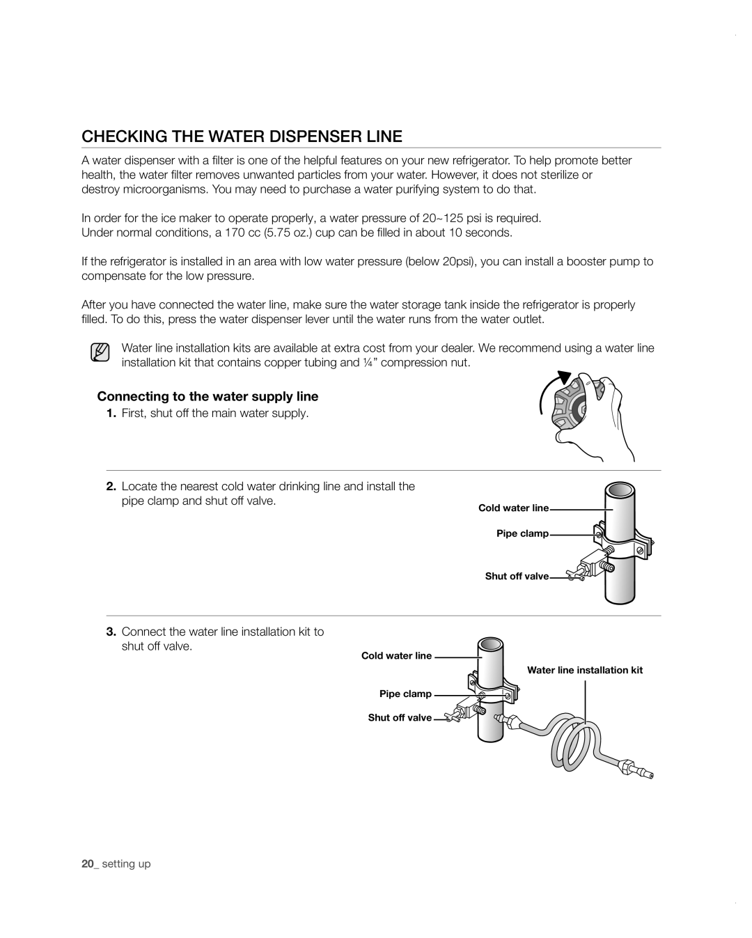Samsung RF4287HARS user manual Checking the water dispenser line, Connecting to the water supply line 
