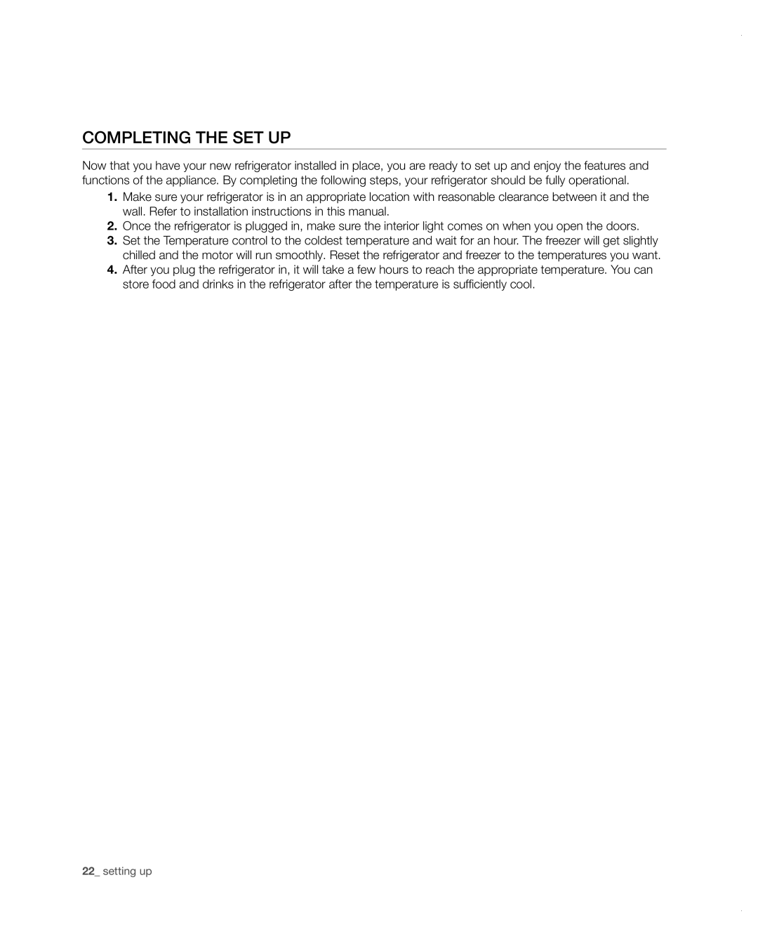 Samsung RF4287HARS user manual Completing the set up, setting up 
