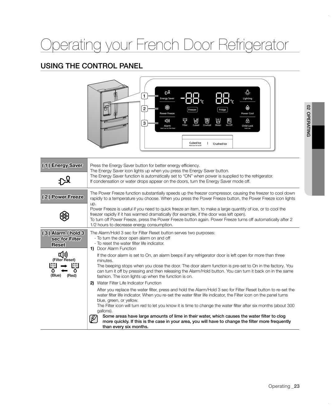 Samsung RF4287HARS user manual Operating your French Door Refrigerator, Using the control panel, Power Freeze 