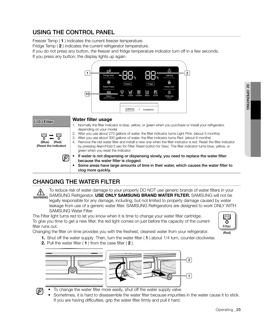 Samsung RF4287HARS user manual Changing the water filter, Using the control panel, Water filter usage 