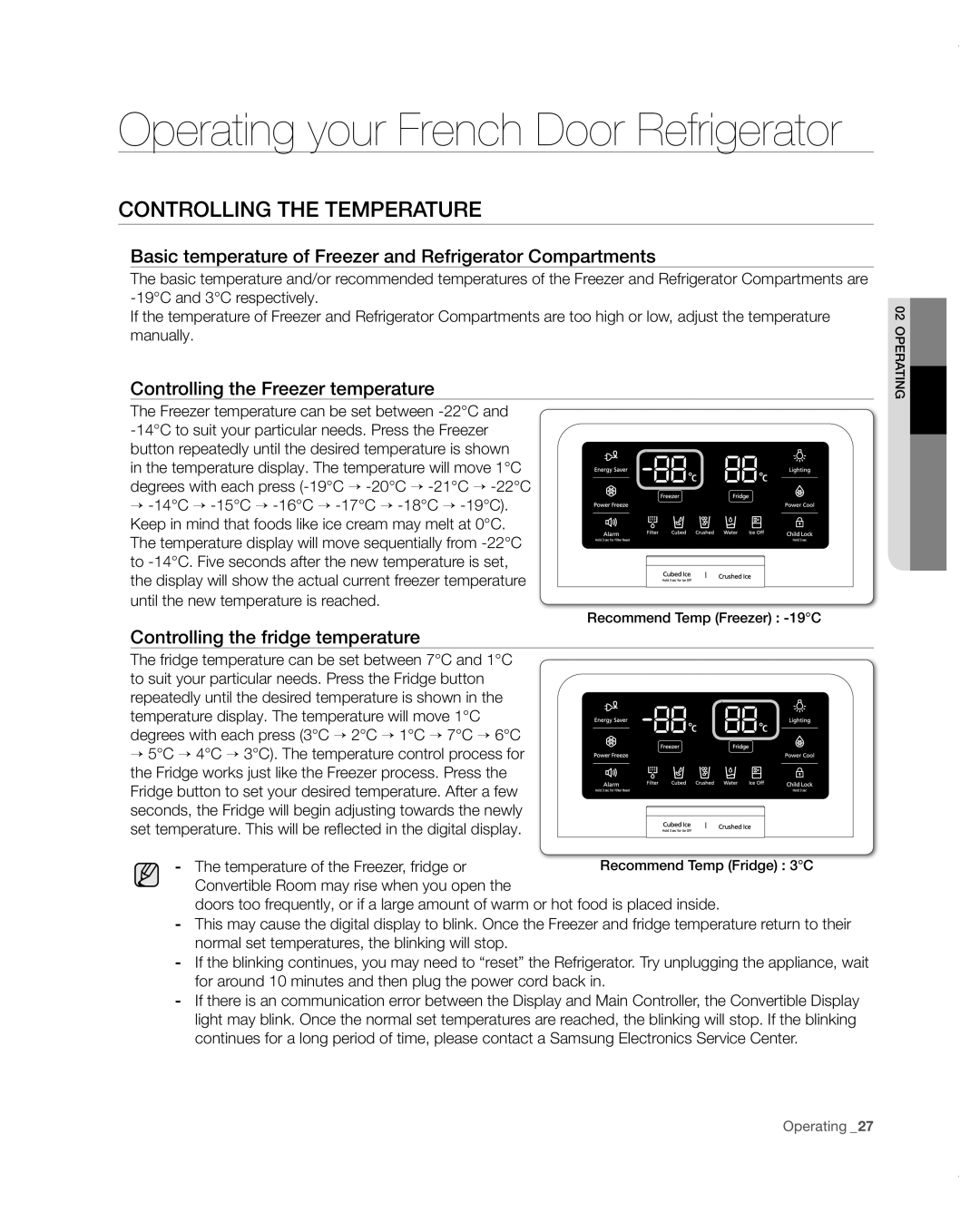 Samsung RF4287HARS user manual Operating your French Door Refrigerator, controlling the temperature 