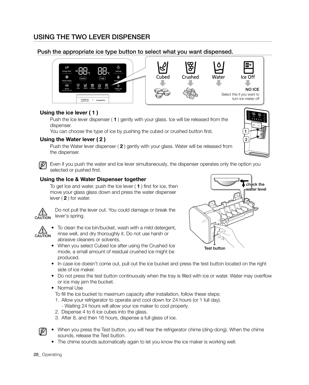 Samsung RF4287HARS user manual Using the two lever dispenser, Using the ice lever, Using the Water lever 