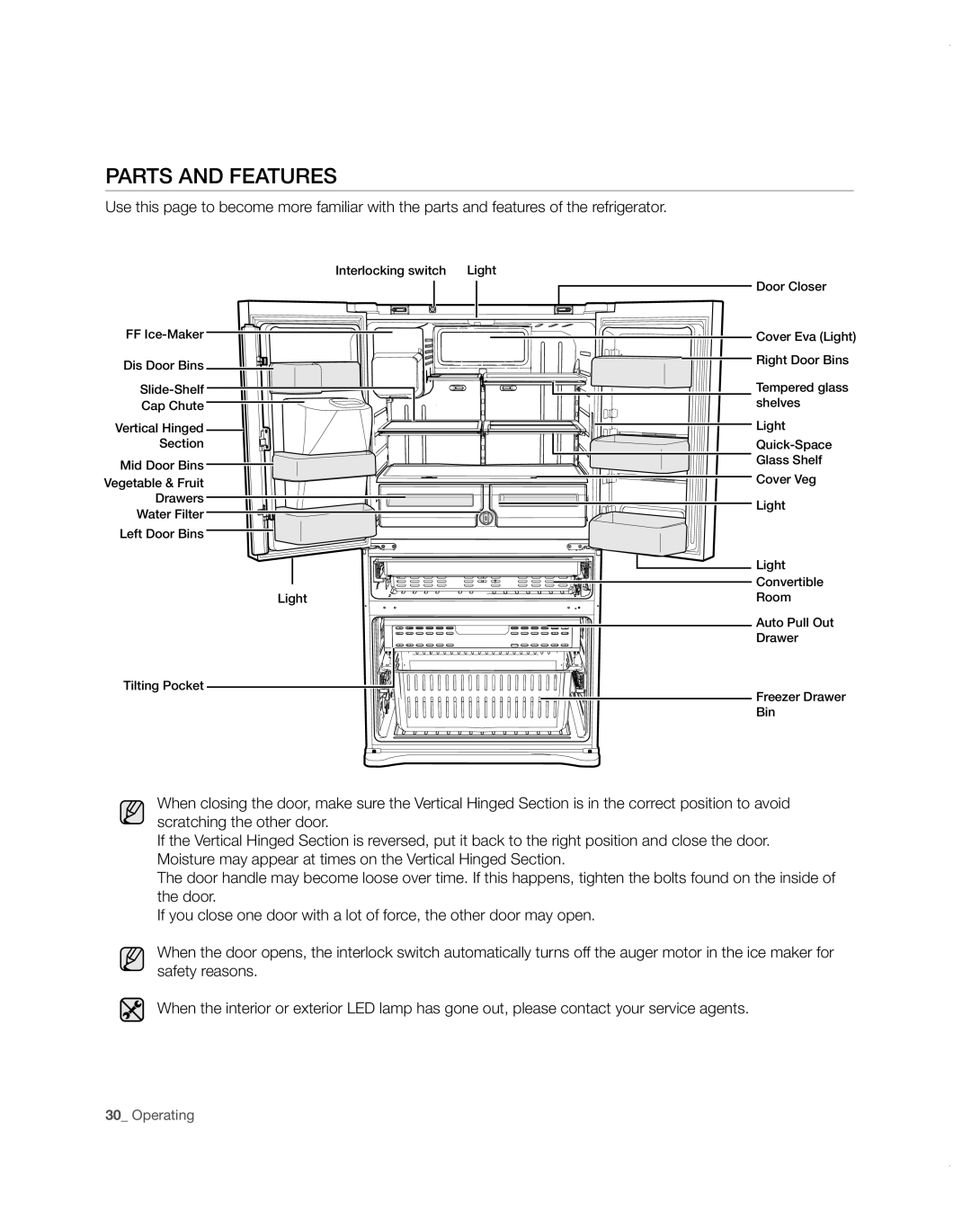Samsung RF4287HARS user manual Parts and features, Operating 