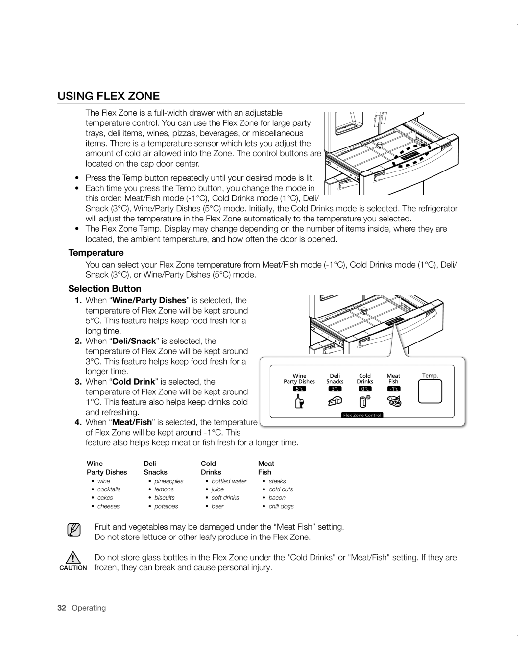 Samsung RF4287HARS user manual Using Flex Zone, Temperature, Selection Button 