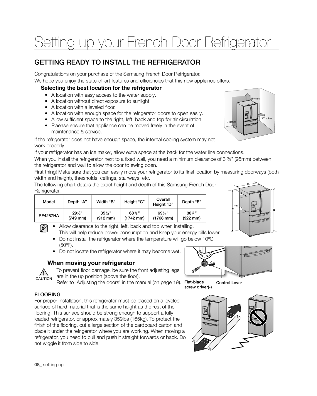 Samsung RF4287HARS user manual Setting up your French Door Refrigerator, Getting ready to install the refrigerator 