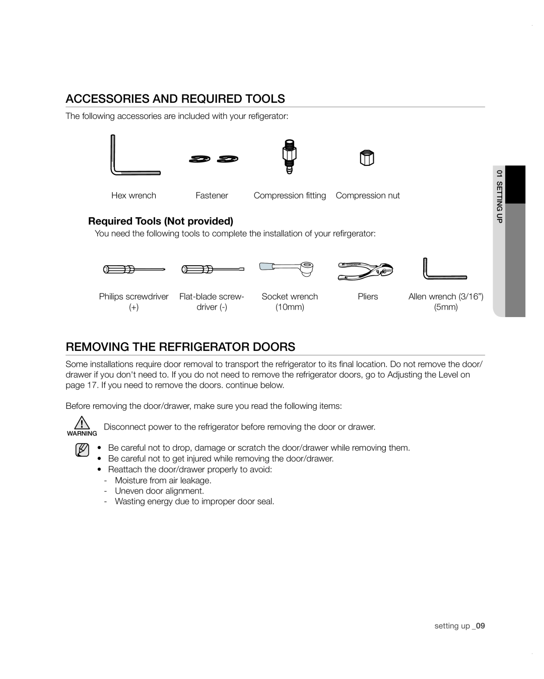 Samsung RF4287HARS user manual Accessories and required tools, Removing the refrigerator doors, Required Tools Not provided 