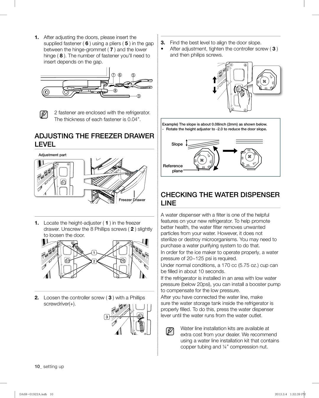 Samsung RF4287HAWP user manual Adjusting the Freezer Drawer Level, Checking the Water Dispenser Line, Slope Reference plane 