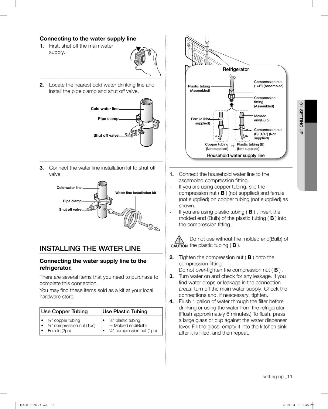 Samsung RF4287HABP, RF4287HAWP user manual Installing the Water Line, Connecting to the water supply line 