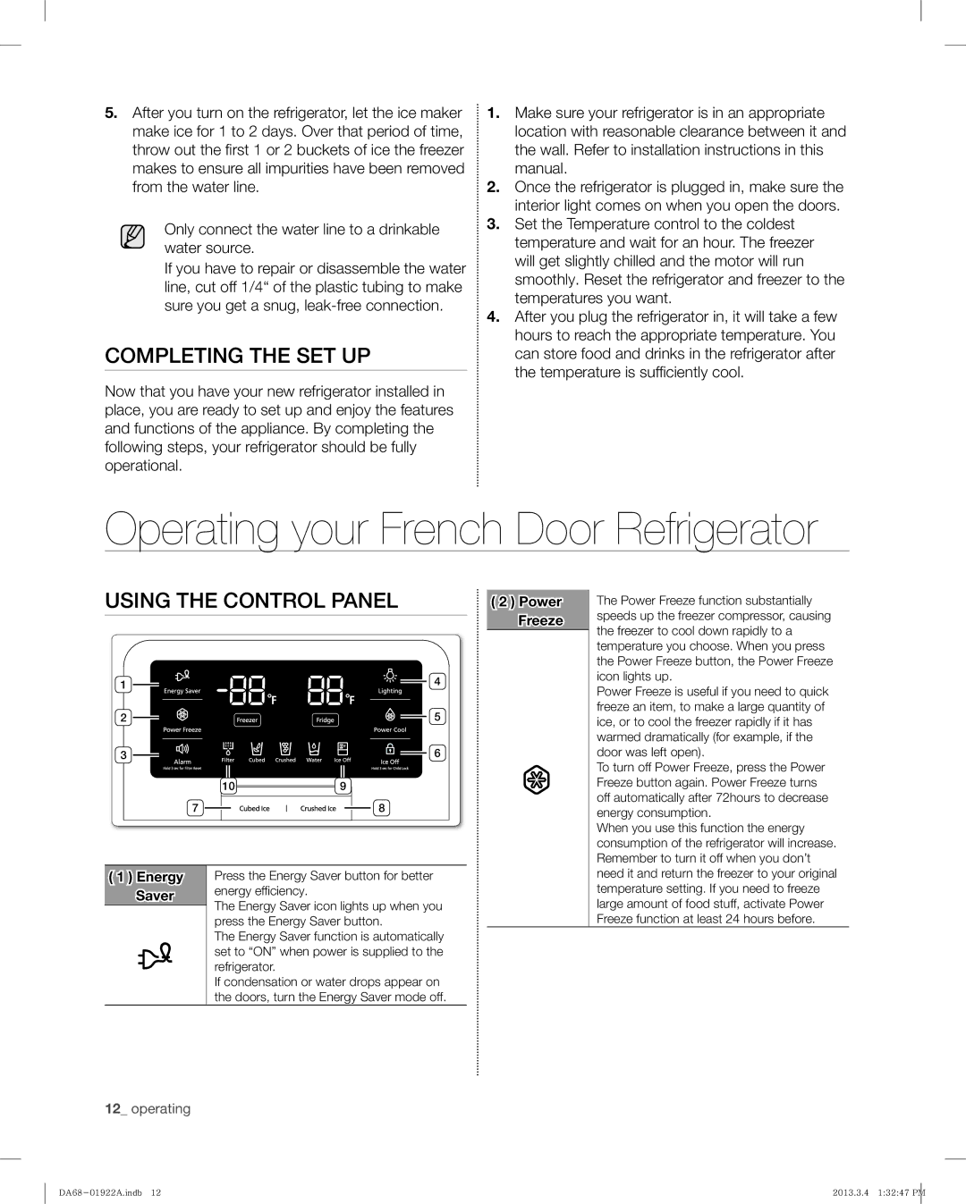 Samsung RF4287HAWP, RF4287HABP Operating your French Door Refrigerator, Completing the SET UP, Using the Control Panel 