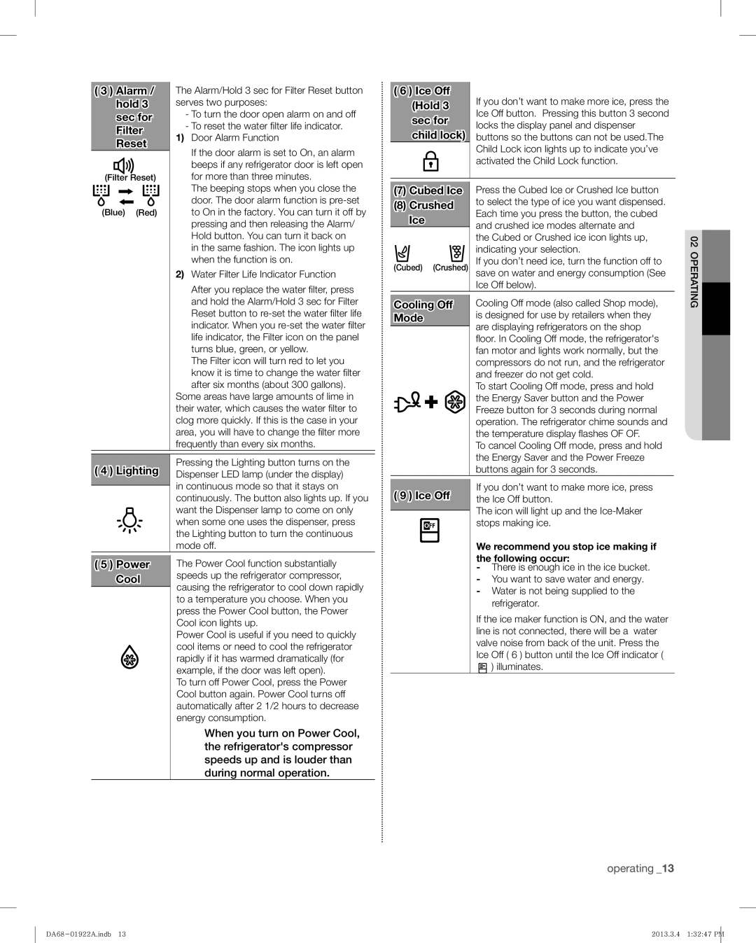 Samsung RF4287HABP Serves two purposes, To turn the door open alarm on and off, To reset the water ﬁ lter life indicator 