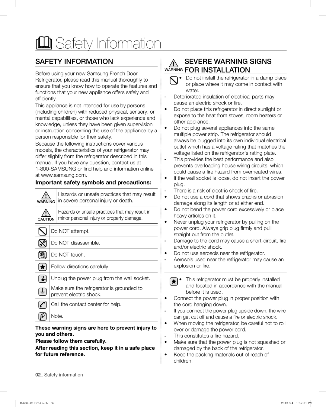 Samsung RF4287HAWP, RF4287HABP user manual Safety Information, Severe Warning Signs Warning for Installation 