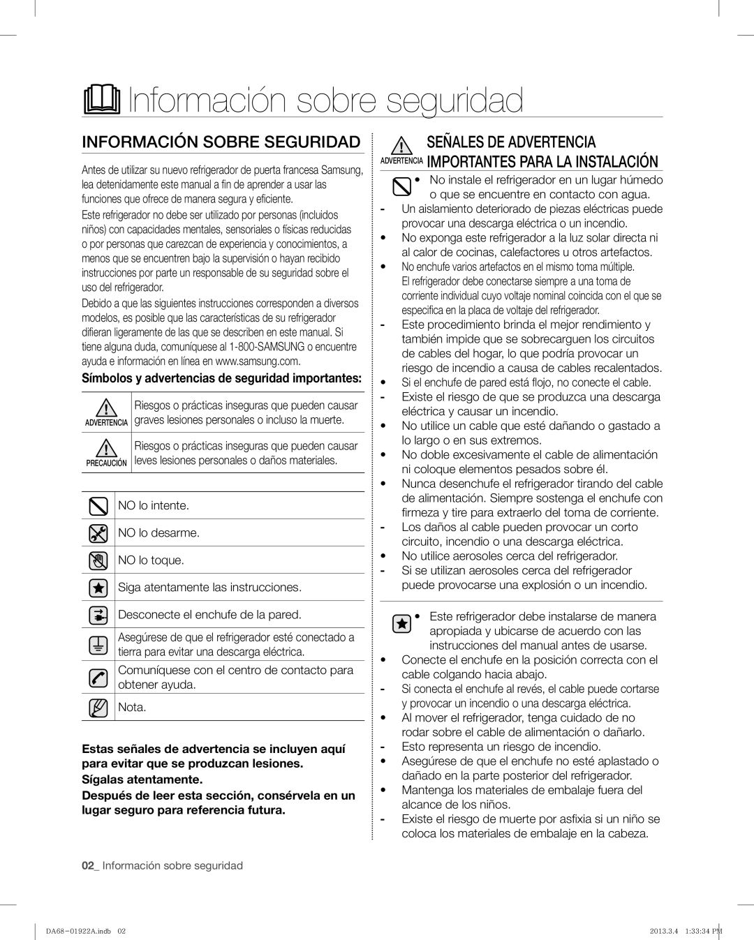 Samsung RF4287HAWP, RF4287HABP user manual Información sobre seguridad, Información Sobre Seguridad 