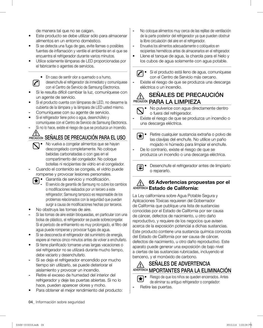 Samsung RF4287HAWP, RF4287HABP user manual Señales DE Precaución Precaución Para LA Limpieza 