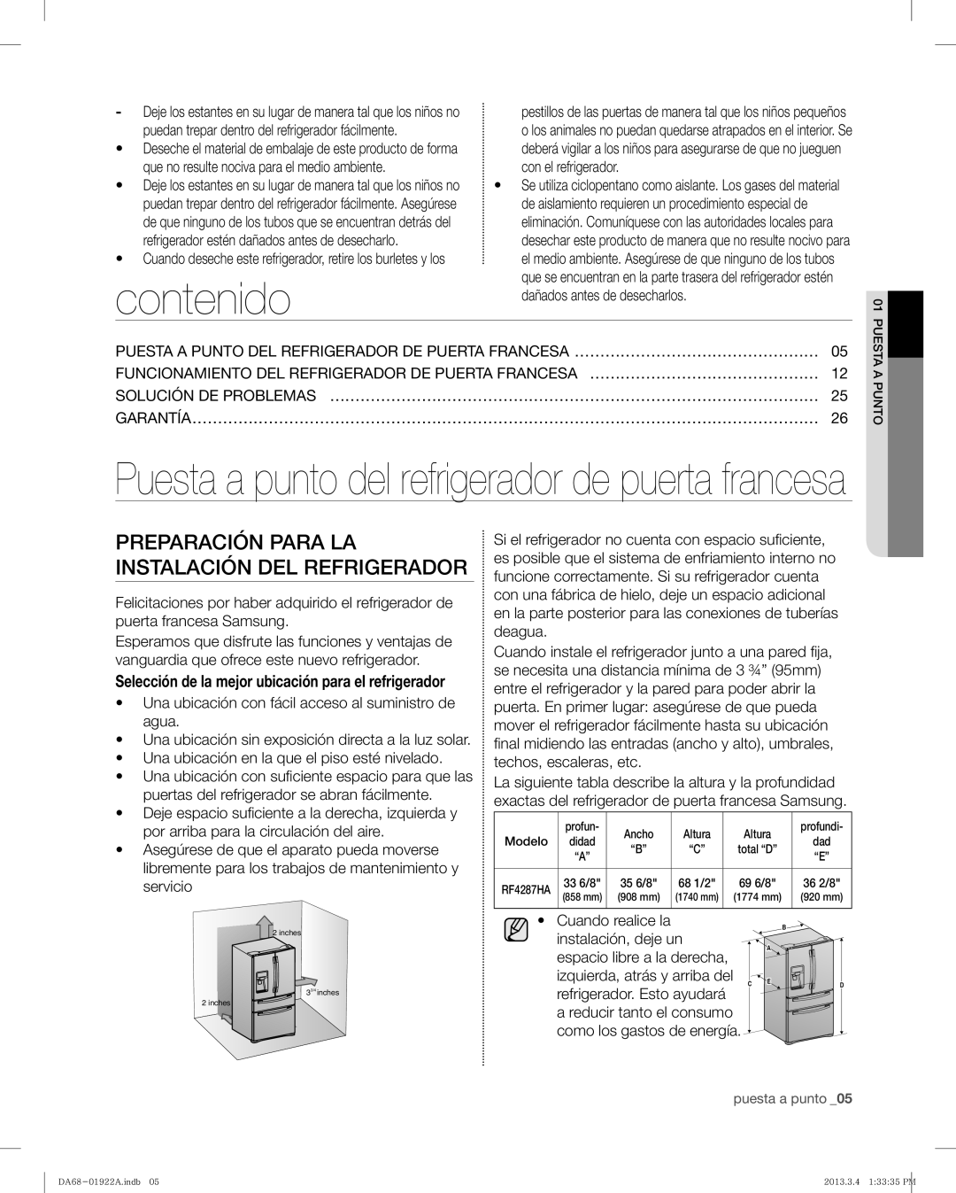 Samsung RF4287HABP Contenido, Preparación Para LA Instalación DEL Refrigerador, Cuando realice la Instalación, deje un 