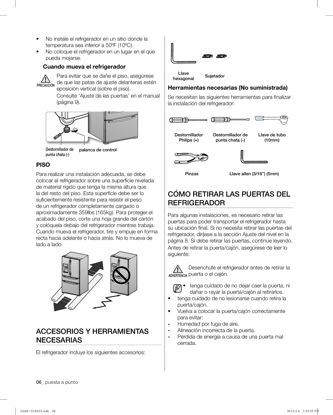 Samsung RF4287HAWP, RF4287HABP user manual Accesorios Y Herramientas Necesarias, Cómo Retirar LAS Puertas DEL Refrigerador 