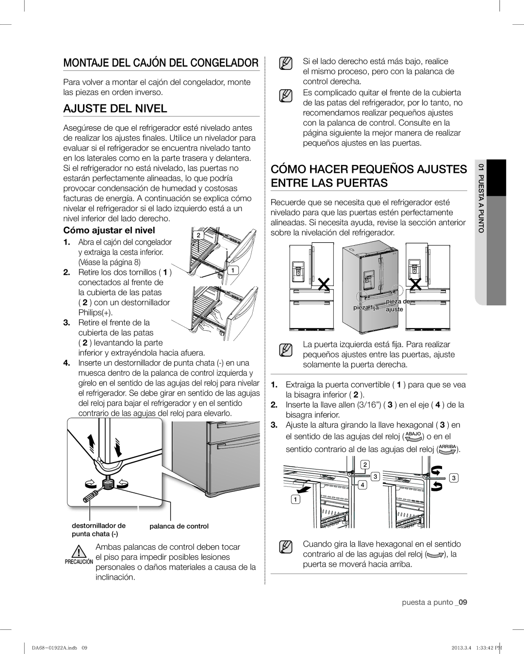 Samsung RF4287HABP, RF4287HAWP Ajuste DEL Nivel, Cómo Hacer Pequeños Ajustes Entre LAS Puertas, Cómo ajustar el nivel 