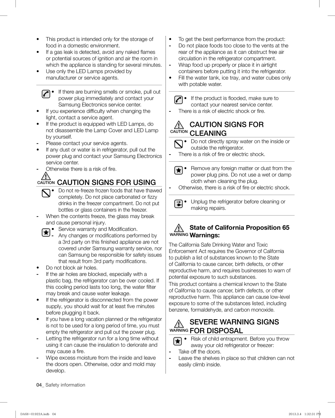 Samsung RF4287HAWP, RF4287HABP user manual Severe Warning Signs Warning for Disposal, Do not block air holes 