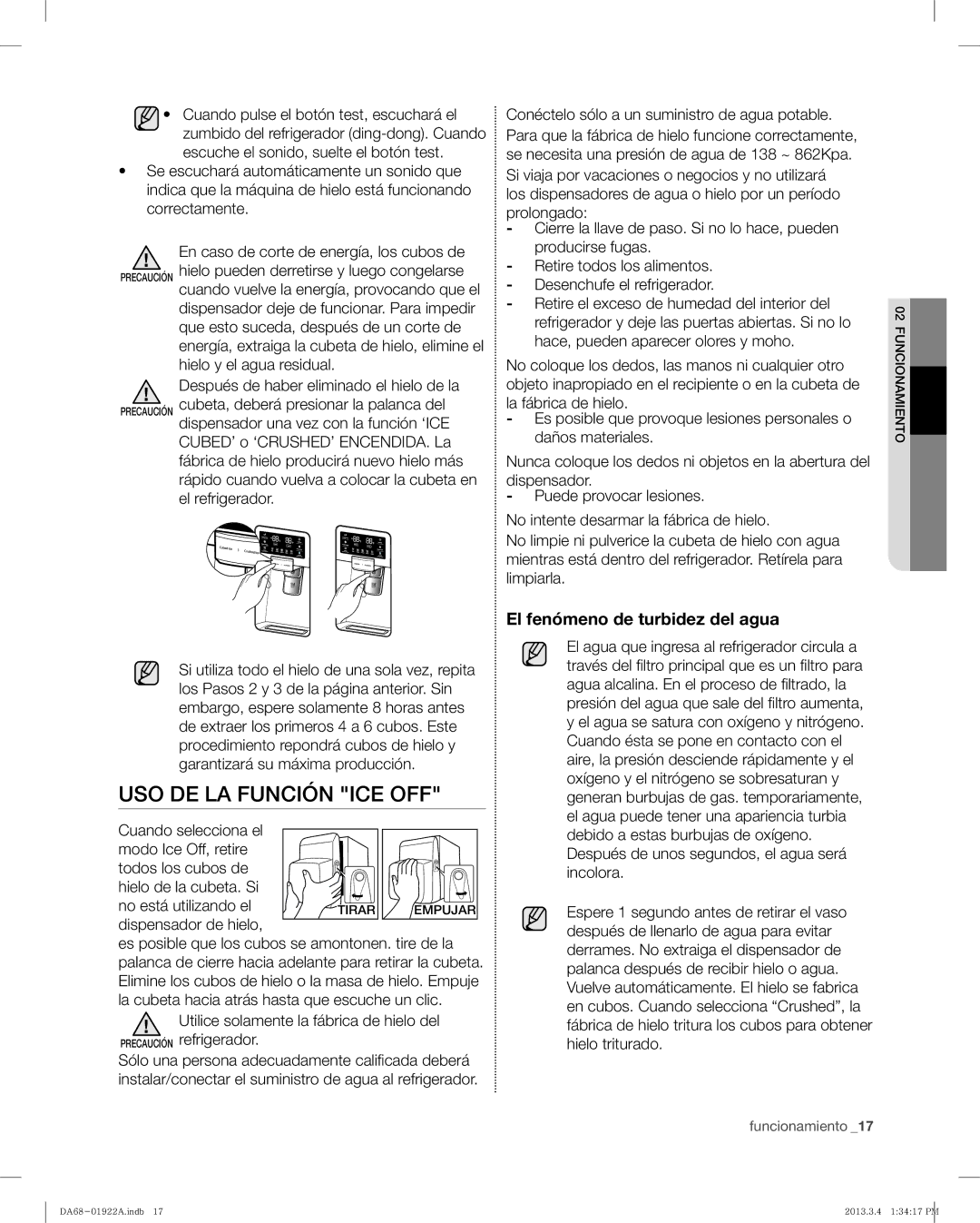 Samsung RF4287HABP, RF4287HAWP user manual USO DE LA Función ICE OFF, El fenómeno de turbidez del agua, Dispensador de hielo 