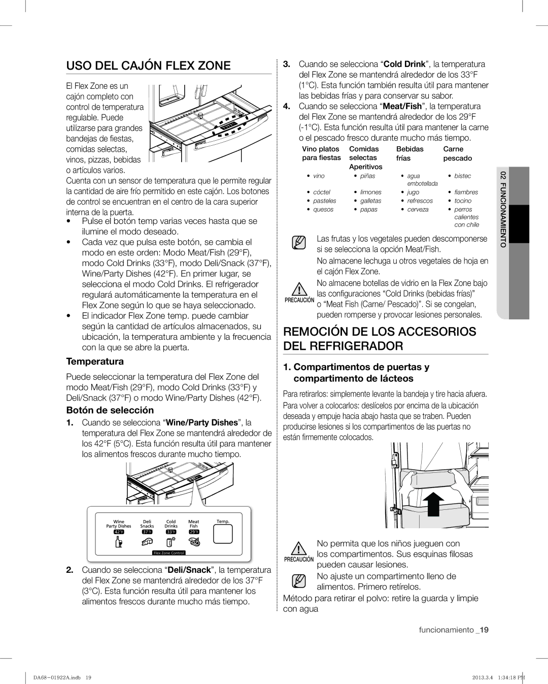 Samsung RF4287HABP USO DEL Cajón Flex Zone, Remoción DE LOS Accesorios DEL Refrigerador, Temperatura, Botón de selección 