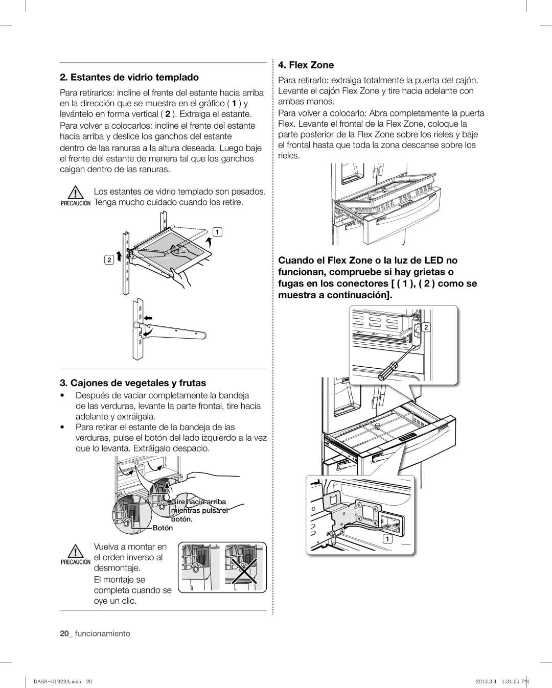 Samsung RF4287HAWP, RF4287HABP Flex Zone Estantes de vidrio templado, Gire hacia arriba Mientras pulsa el botón Botón 